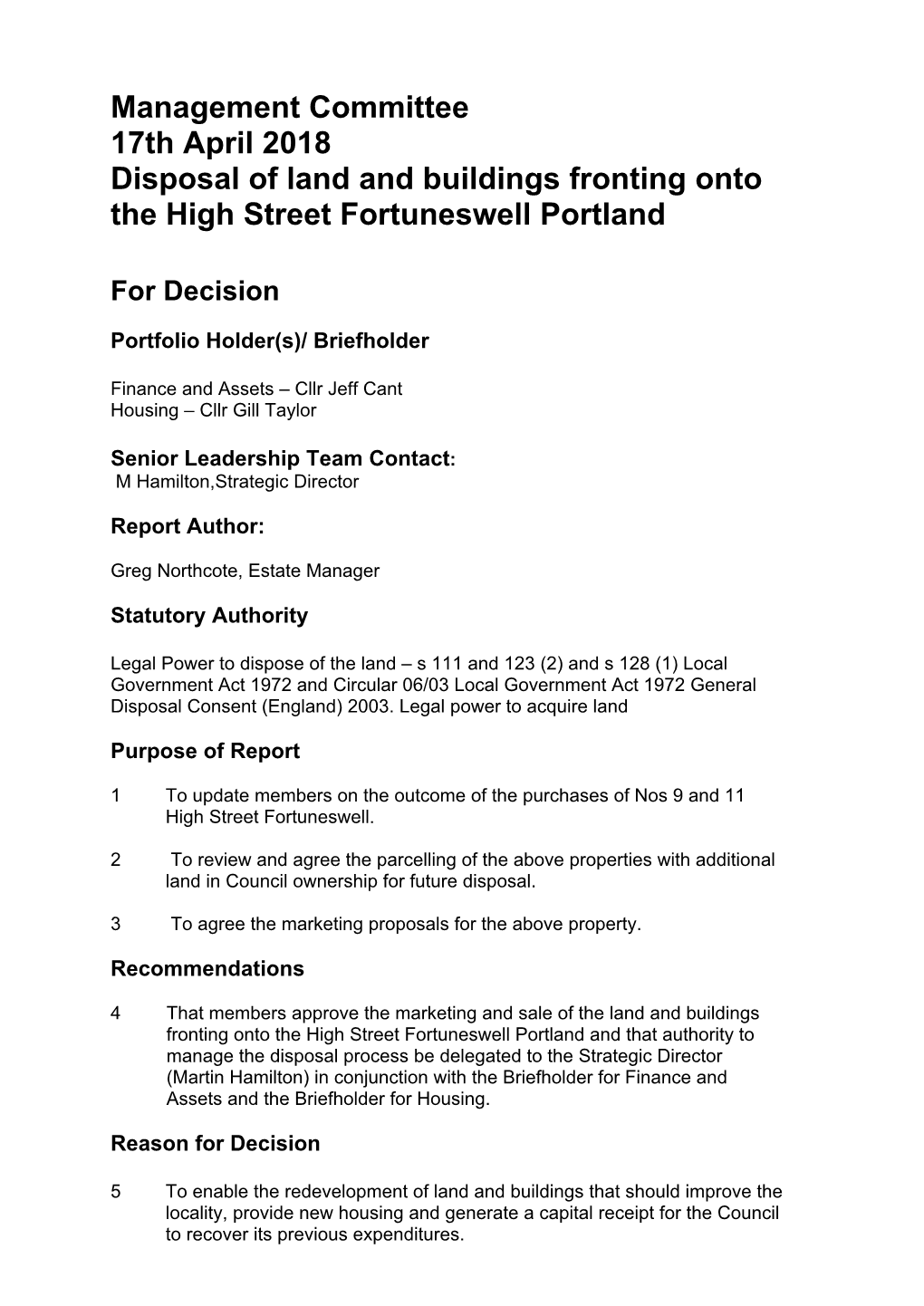 Disposal of Land and Buildings Fronting Onto the High Street Fortuneswell Portland PDF 62 KB
