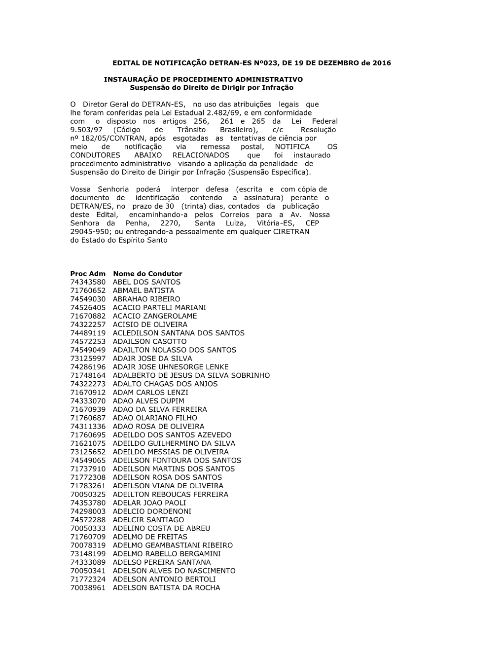 EDITAL DE NOTIFICAÇÃO DETRAN-ES Nº023, DE 19 DE DEZEMBRO De 2016