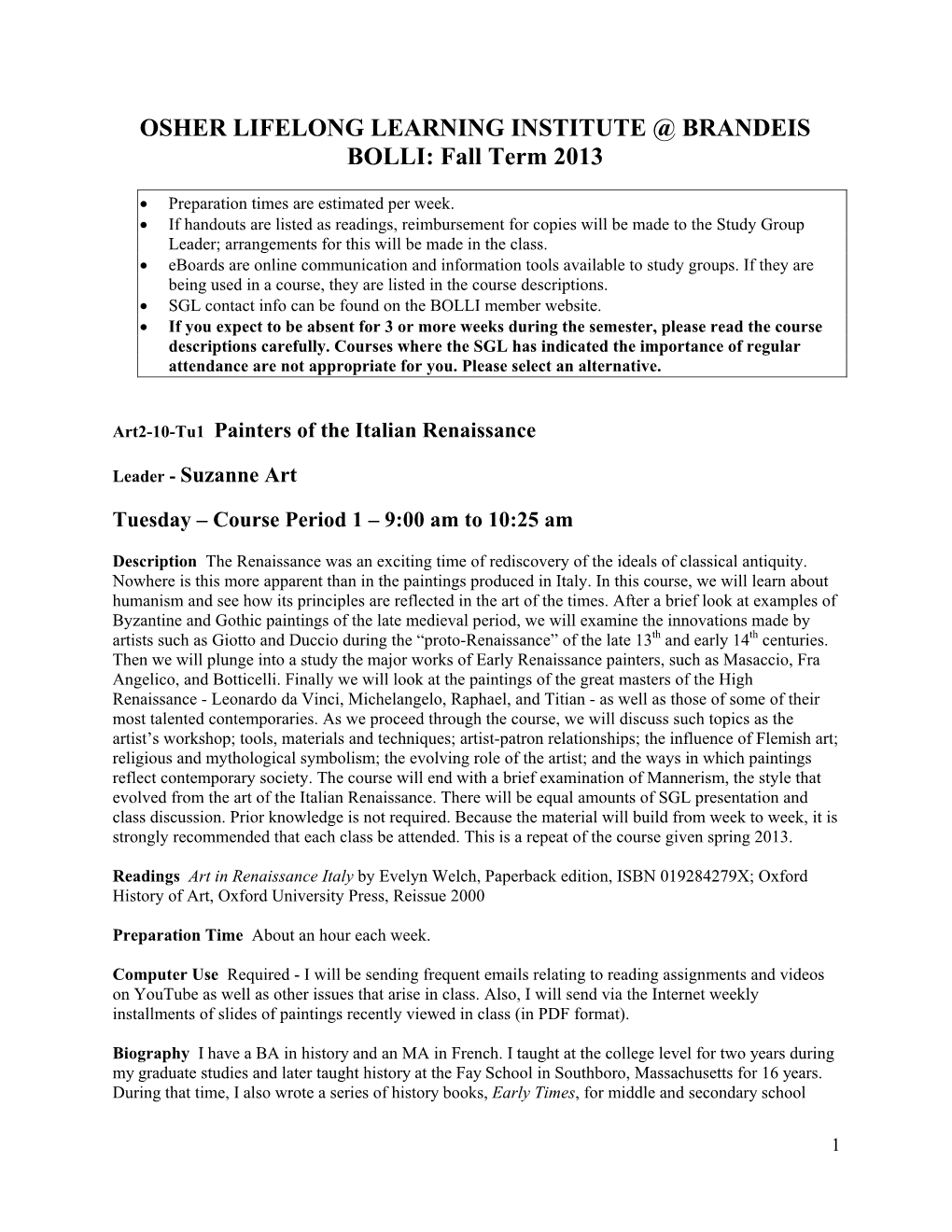 OSHER LIFELONG LEARNING INSTITUTE @ BRANDEIS BOLLI: Fall Term 2013