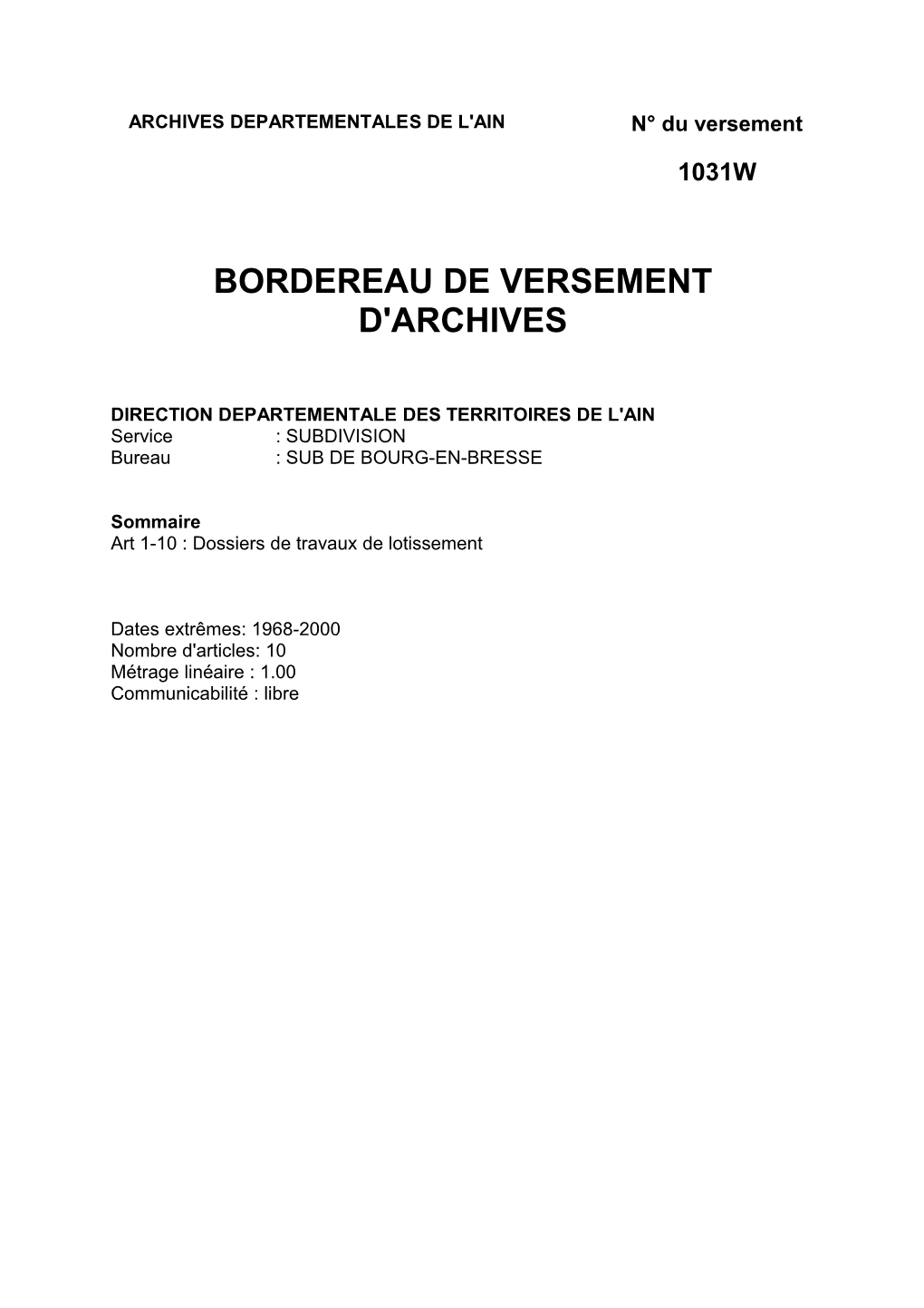 Répertoire D'archives Détaillé : DDE De L'ain : Lotissements, 1968-2000