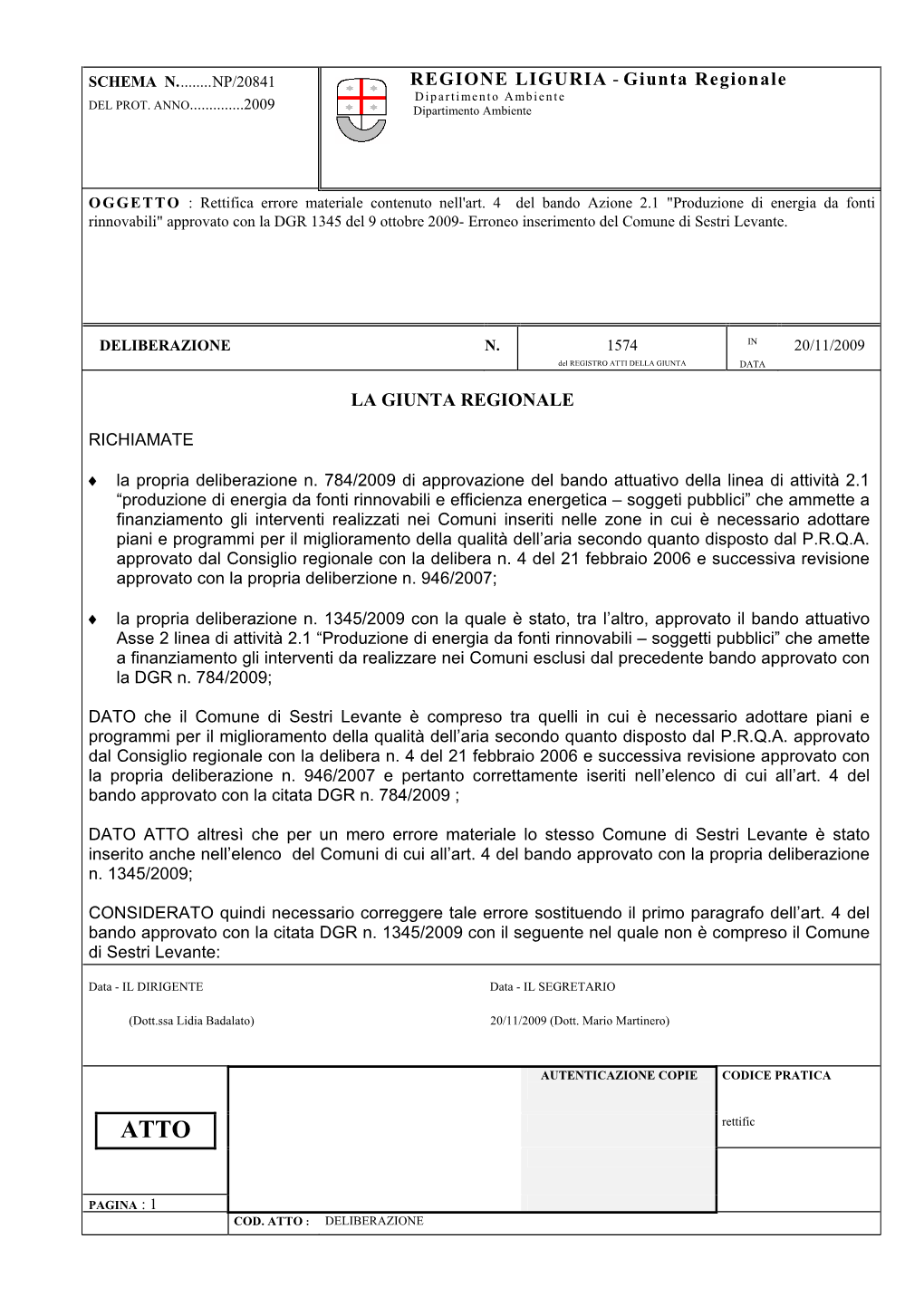 REGIONE LIGURIA - Giunta Regionale Dipartimento Ambiente DEL PROT