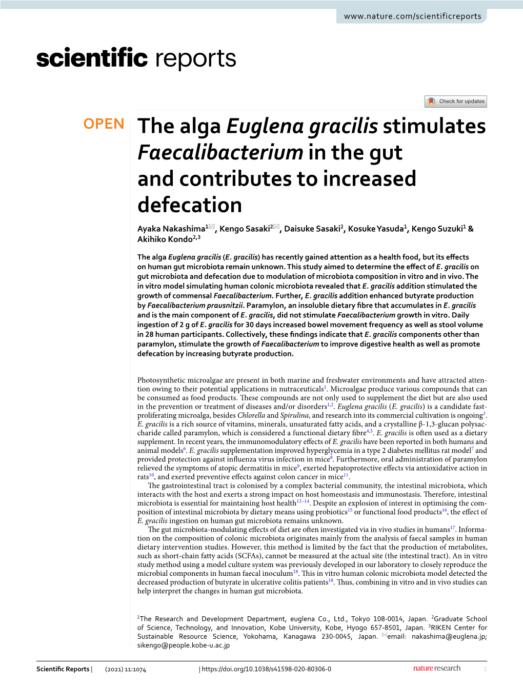 The Alga Euglena Gracilis Stimulates Faecalibacterium in the Gut And