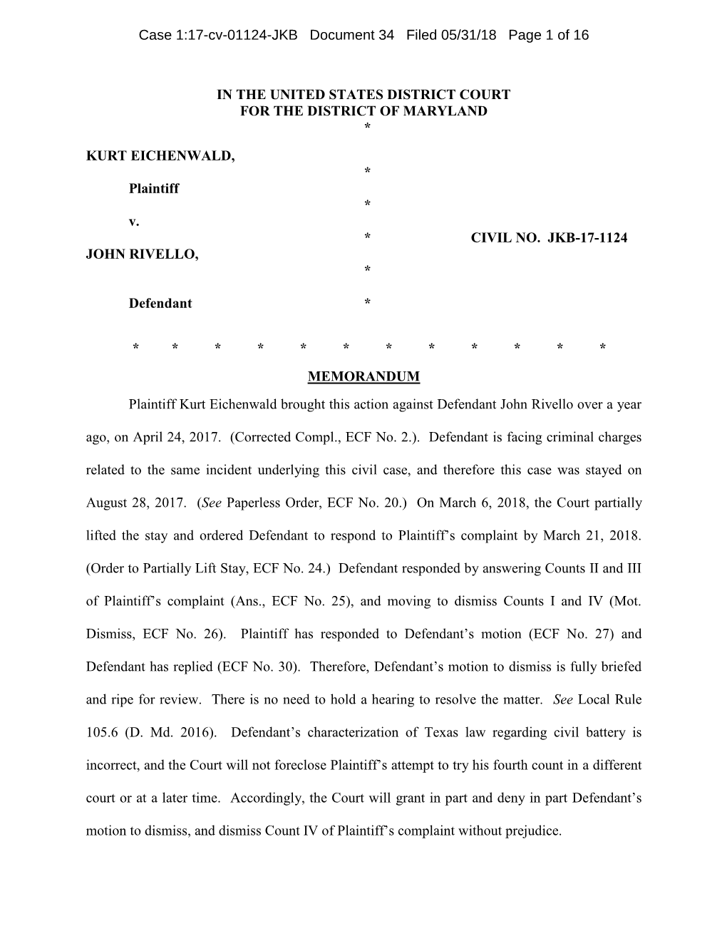 Case 1:17-Cv-01124-JKB Document 34 Filed 05/31/18 Page 1 of 16