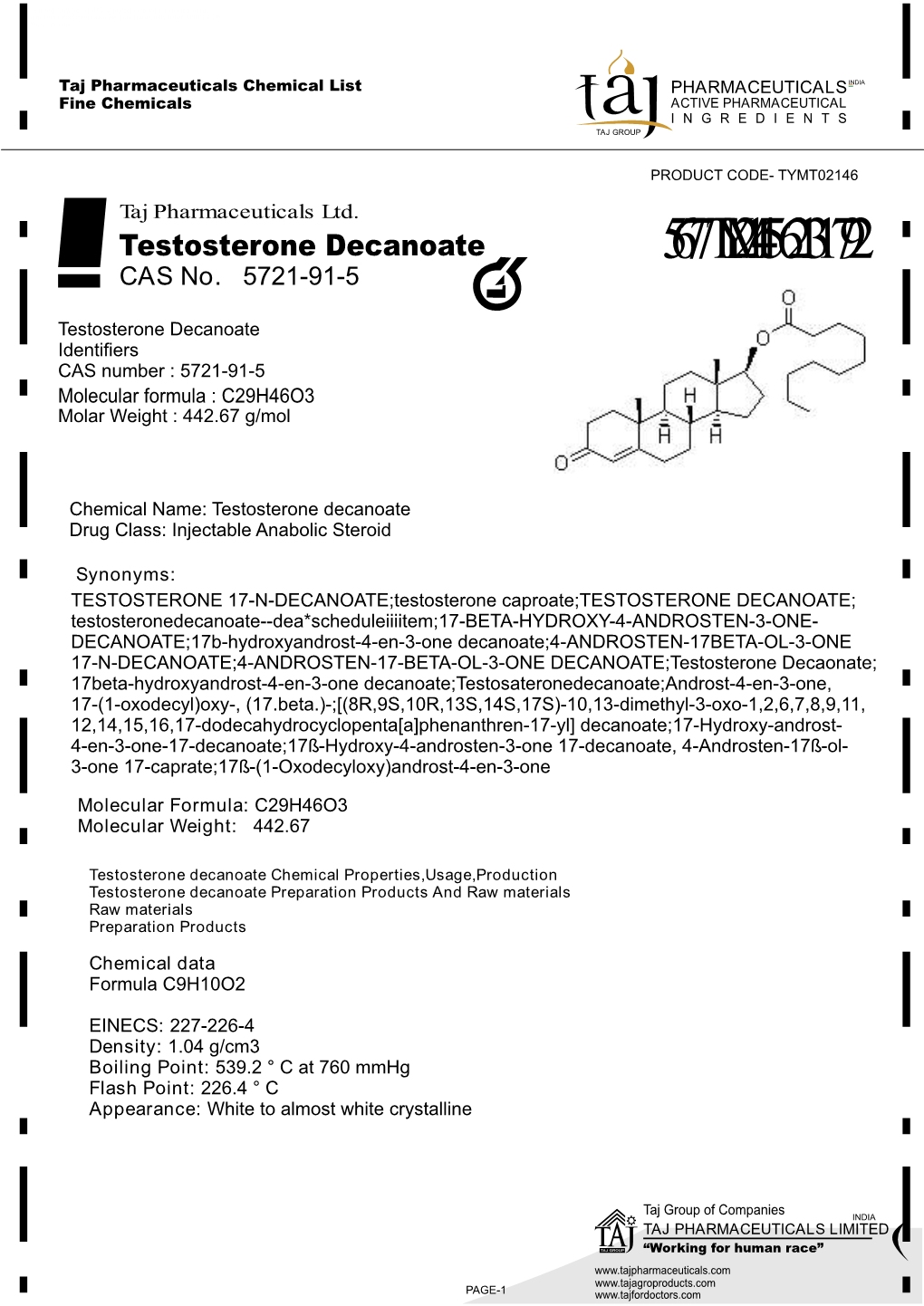 Testosterone Decanoate Cas No 5721-91-5 Manufacturers India