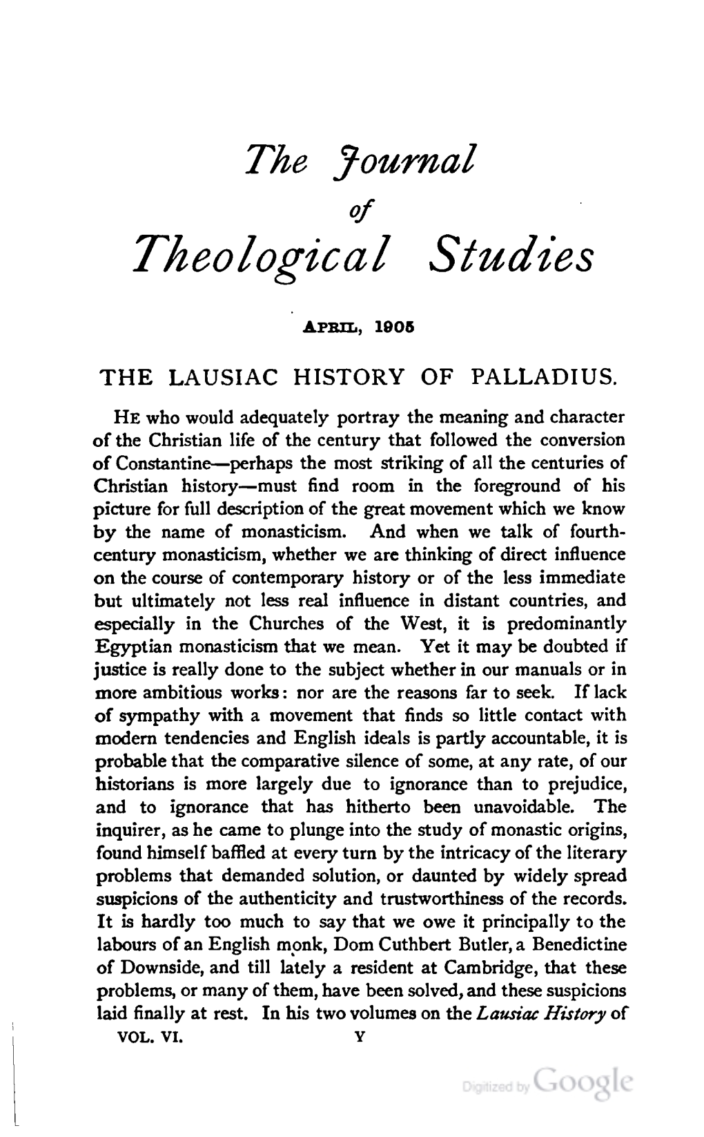 "The Lausiac History of Palladius," Journal of Theological Studies 6 No