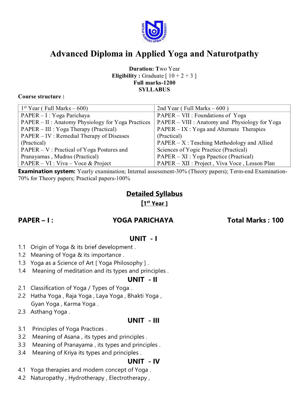 Advanced Diploma in Applied Yoga and Naturotpathy