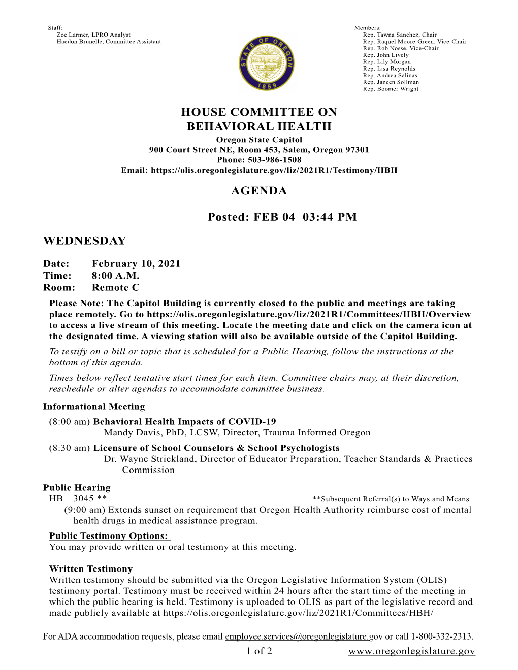 HOUSE COMMITTEE on BEHAVIORAL HEALTH AGENDA Posted