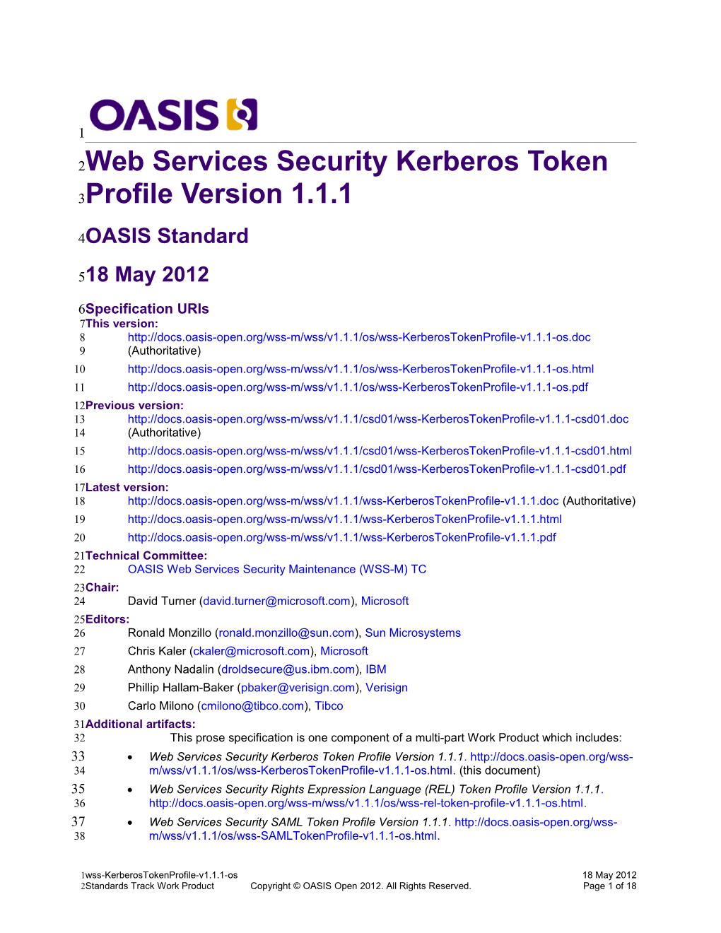 Web Services Security Kerberos Token Profile Version 1.1.1