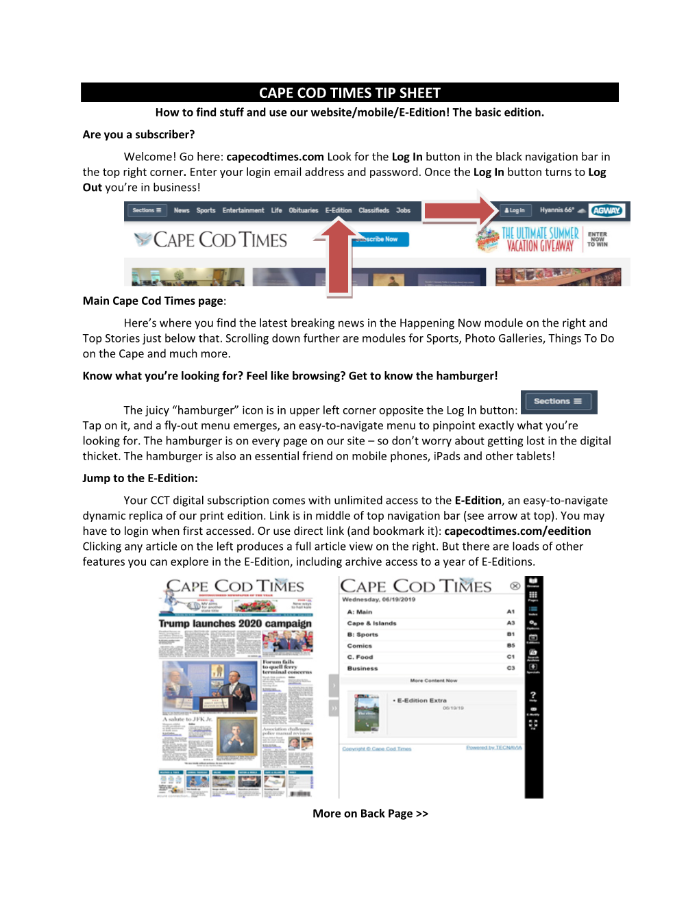 CAPE COD TIMES TIP SHEET How to Find Stuff and Use Our Website/Mobile/E-Edition! the Basic Edition