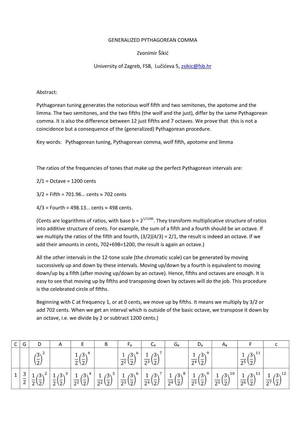 GENERALIZED PYTHAGOREAN COMMA Zvonimir Šikić