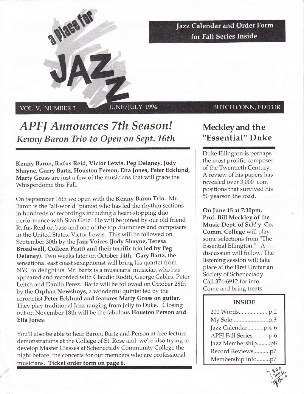 APFI Announces 7Th Season! Meckley and the Kenny Baron Trio to Open on Sept