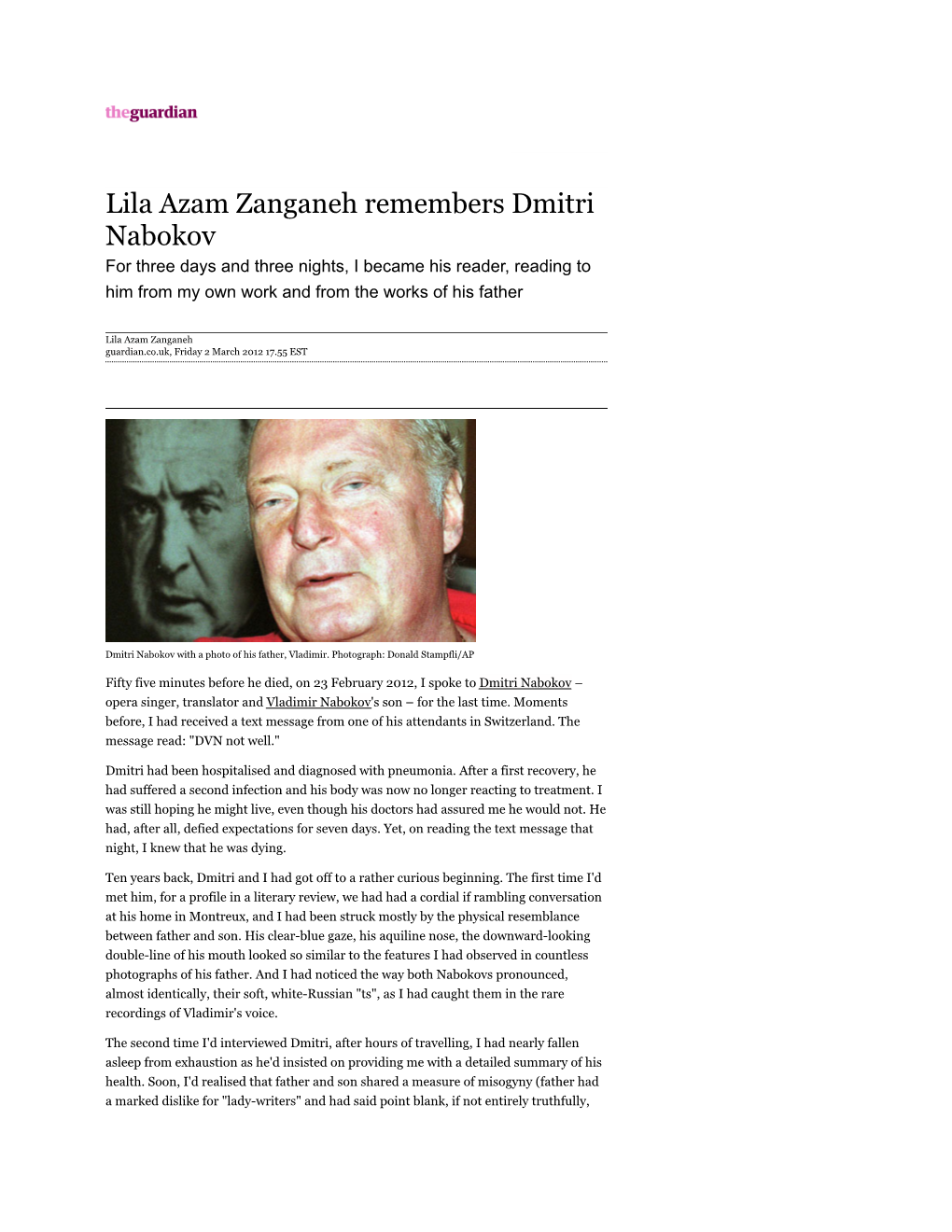 Lila Azam Zanganeh Remembers Dmitri Nabokov | Books | The