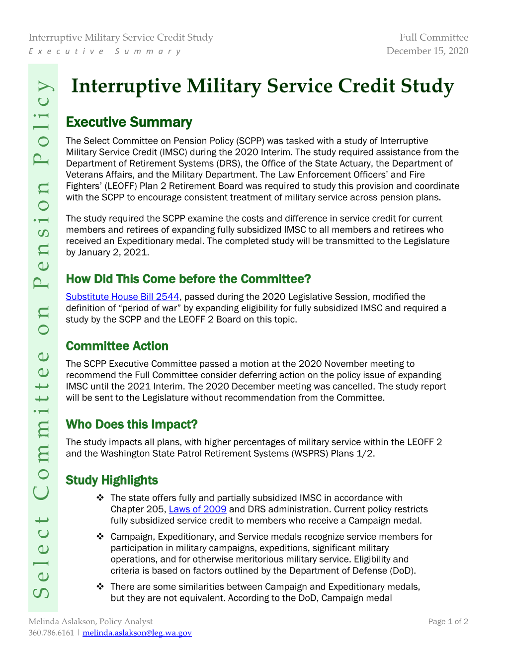 Interruptive Military Service Credit Study Full Committee Executive Summary December 15, 2020