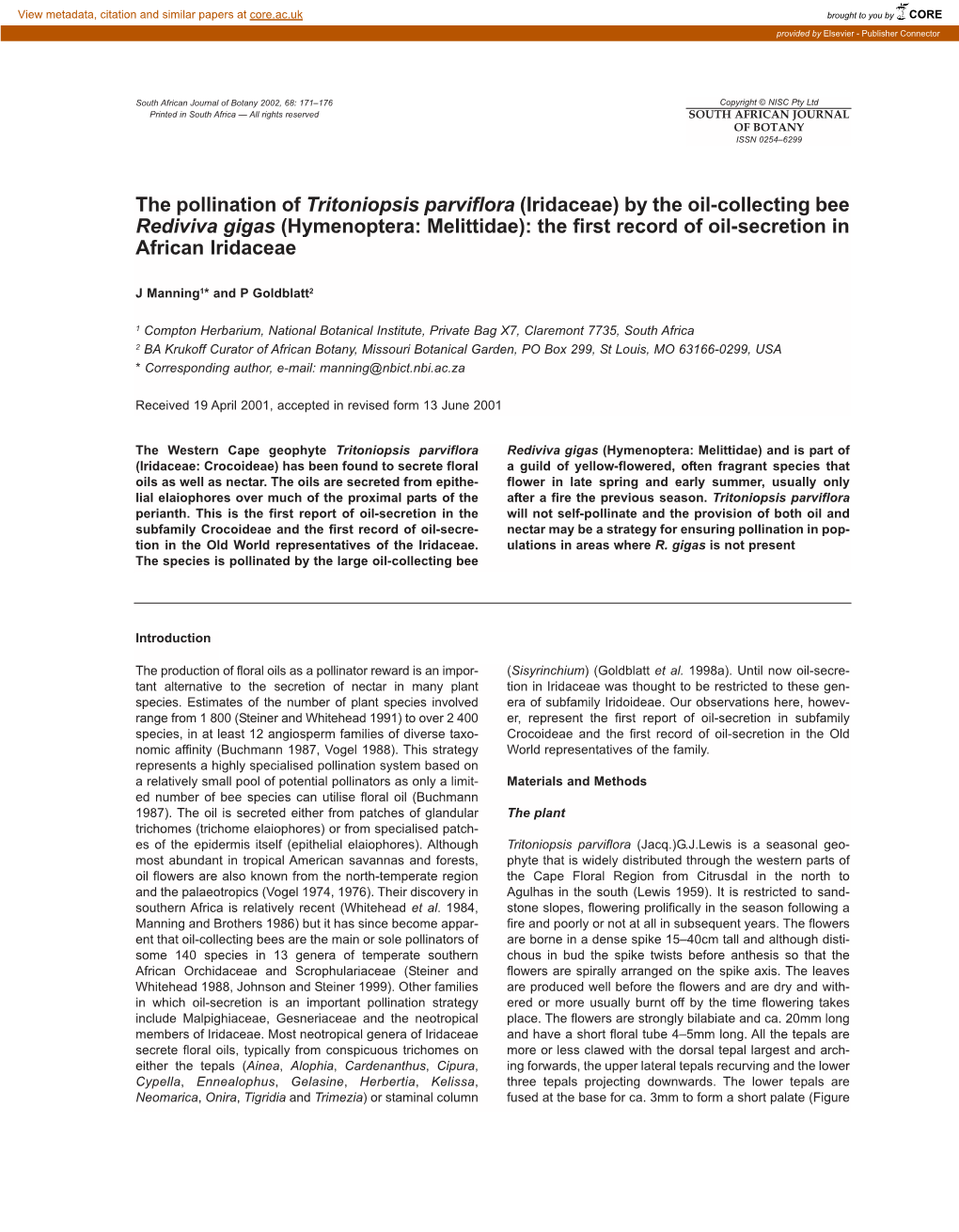 By the Oil-Collecting Bee Rediviva Gigas (Hymenoptera: Melittidae): the First Record of Oil-Secretion in African Iridaceae