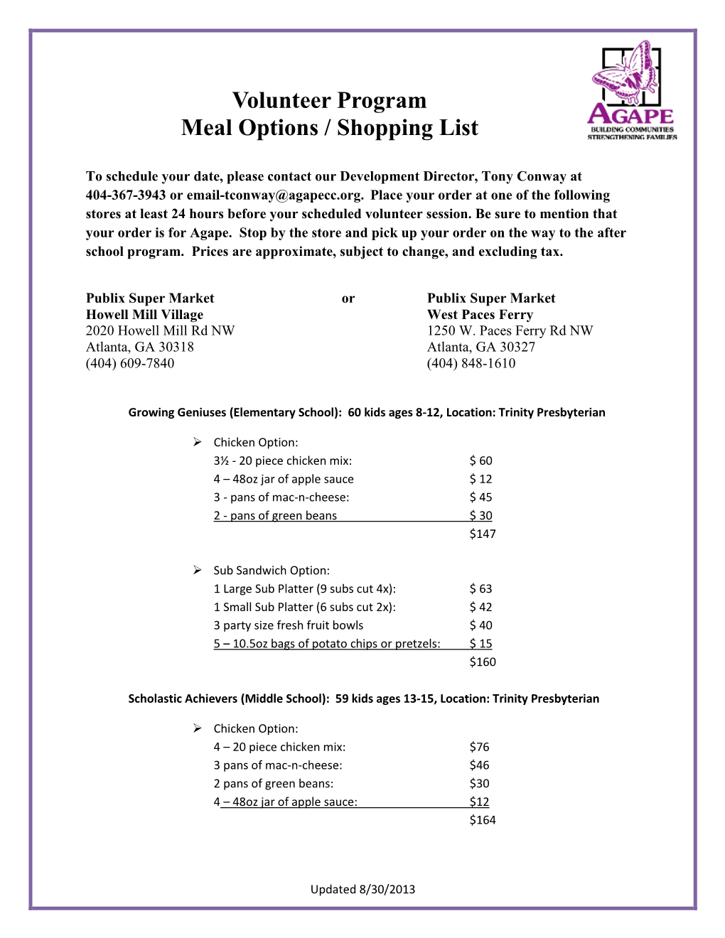 Volunteer Program Meal Options / Shopping List