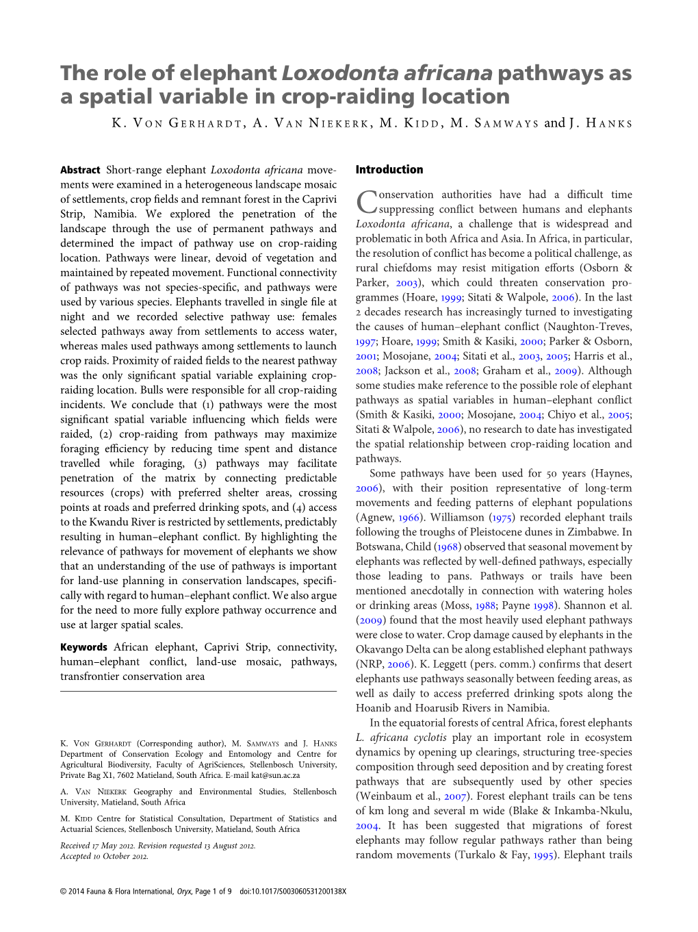 The Role of Elephant Loxodonta Africana Pathways As a Spatial Variable in Crop-Raiding Location