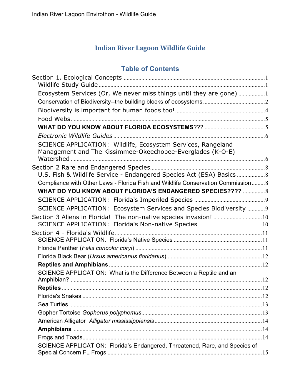 Indian River Lagoon Wildlife Guide Table of Contents