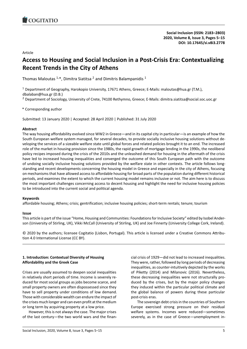 Access to Housing and Social Inclusion in a Post-Crisis Era: Contextualizing Recent Trends in the City of Athens