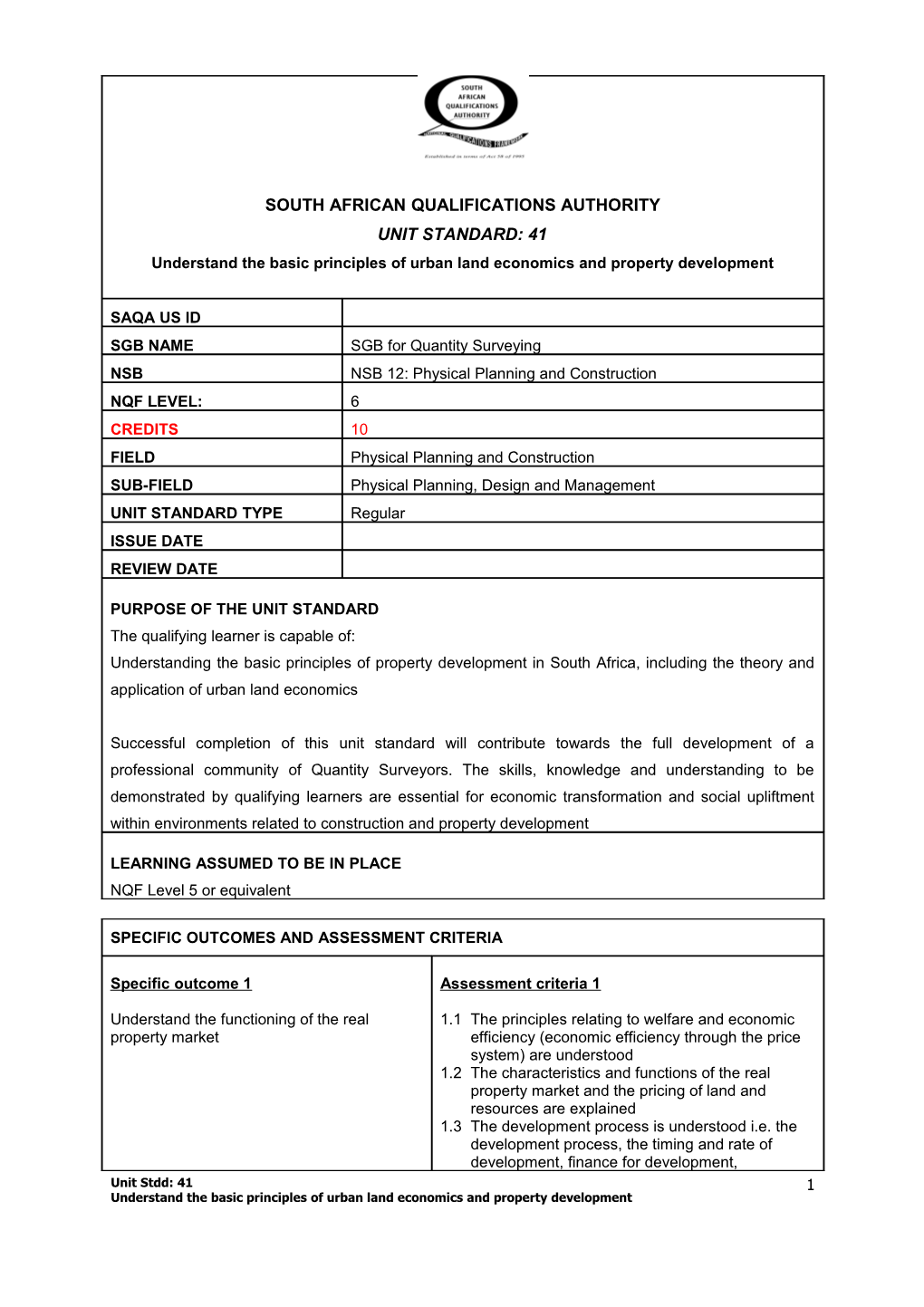 Unit Standard Template For The Standards Generation Body For Security