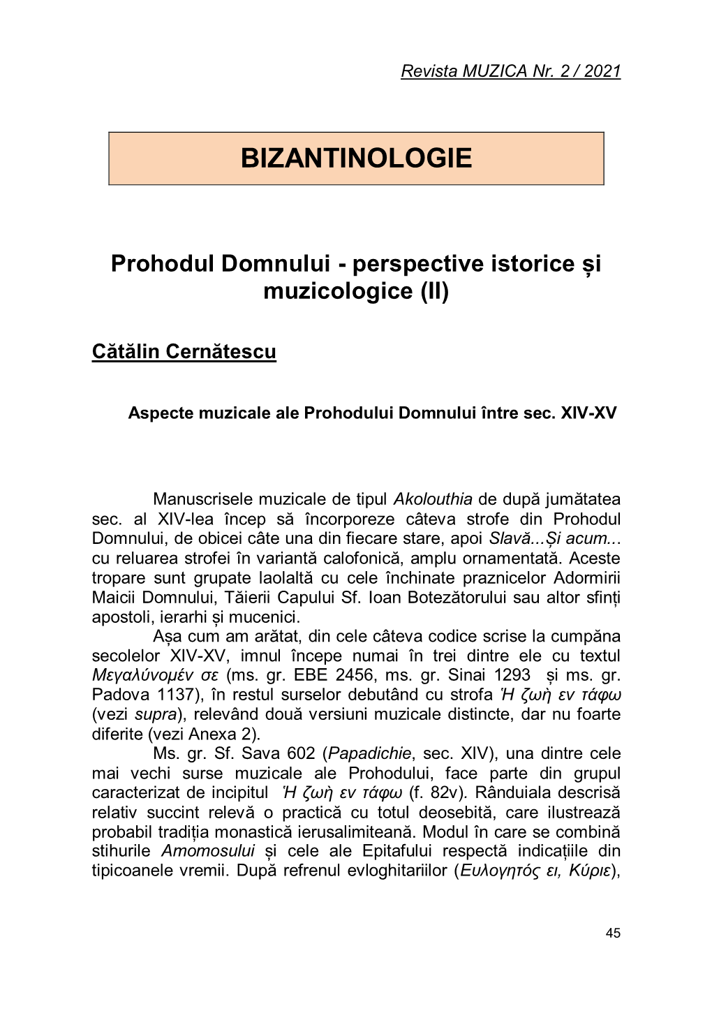 Prohodul Domnului - Perspective Istorice Și Muzicologice (II)