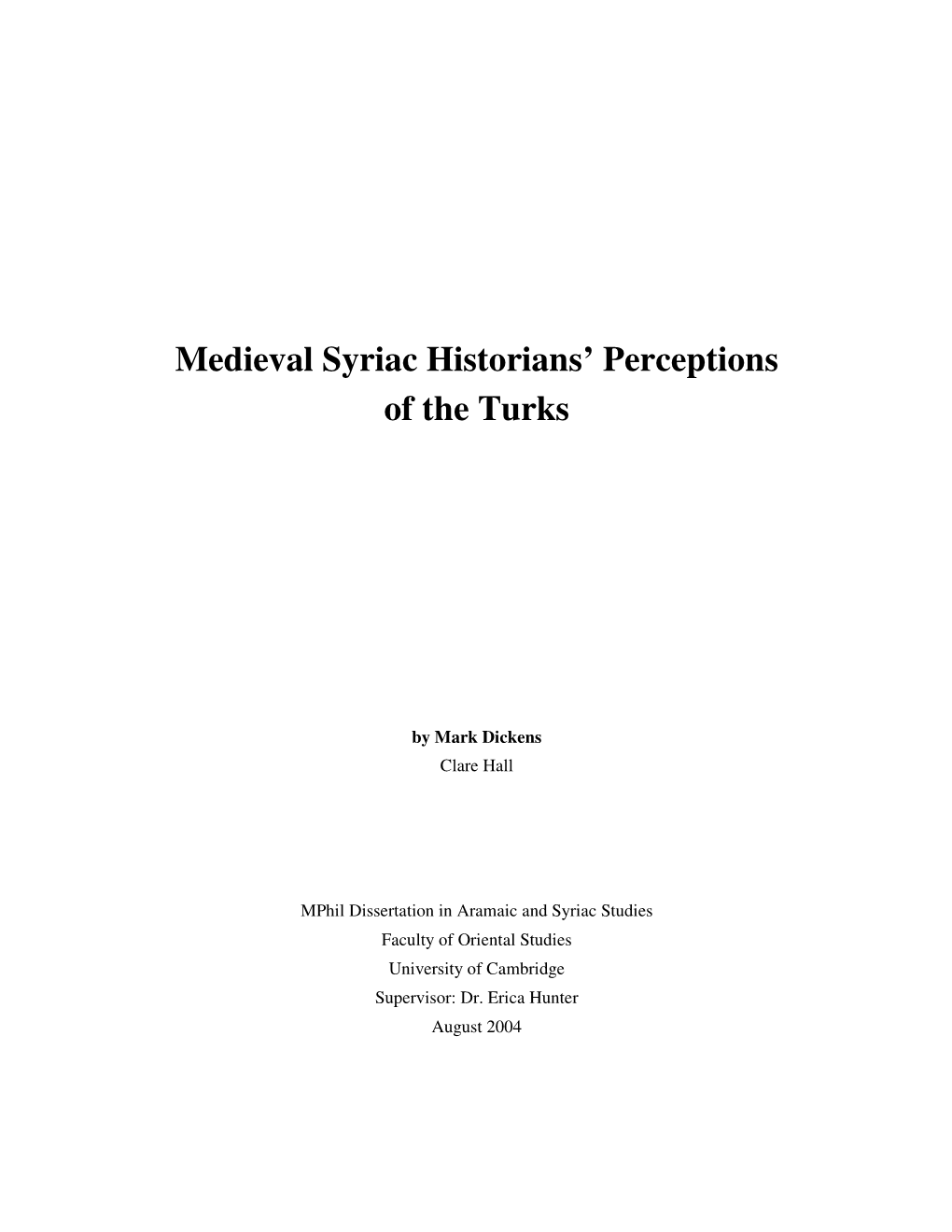 Medieval Syriac Historians' Perceptions of the Turks