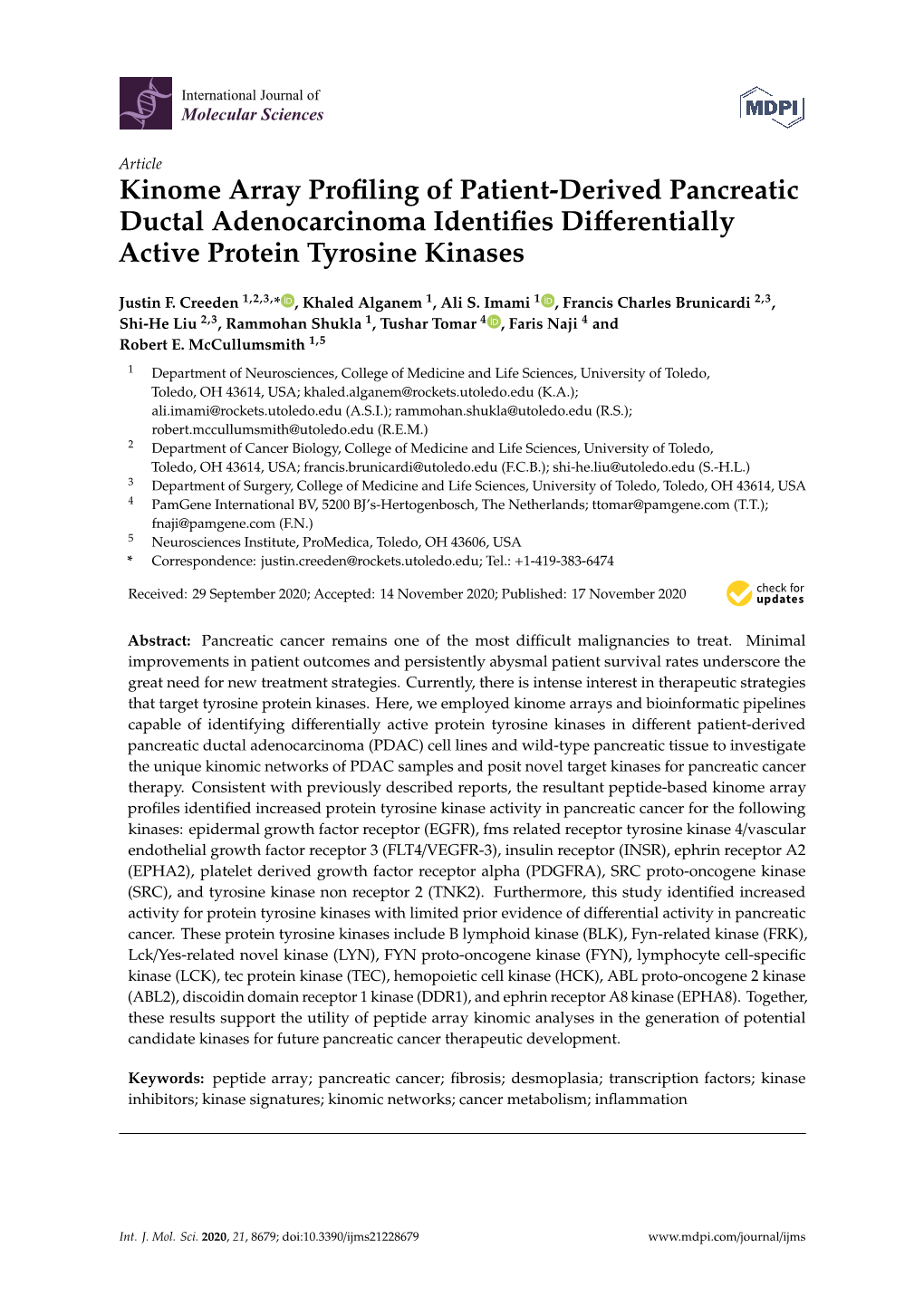 Kinome Array Profiling of Patient-Derived Pancreatic Ductal Adenocarcinoma Identifies Differentially Active Protein Tyrosine