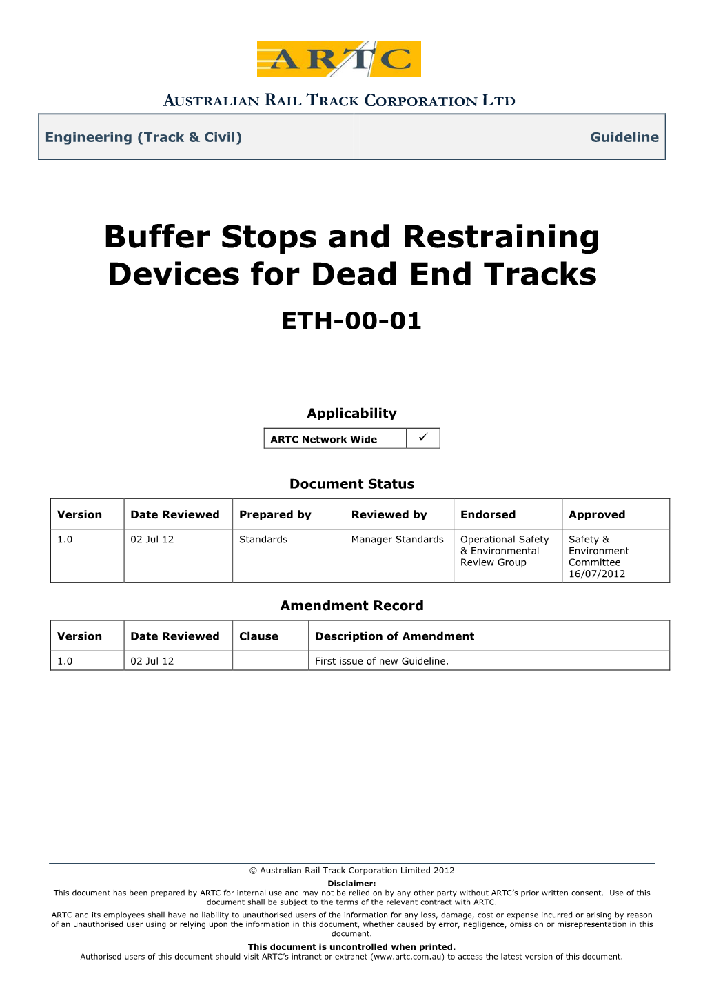 Buffer Stops and Restraining Devices for Dead End Tracks ETH-00-01