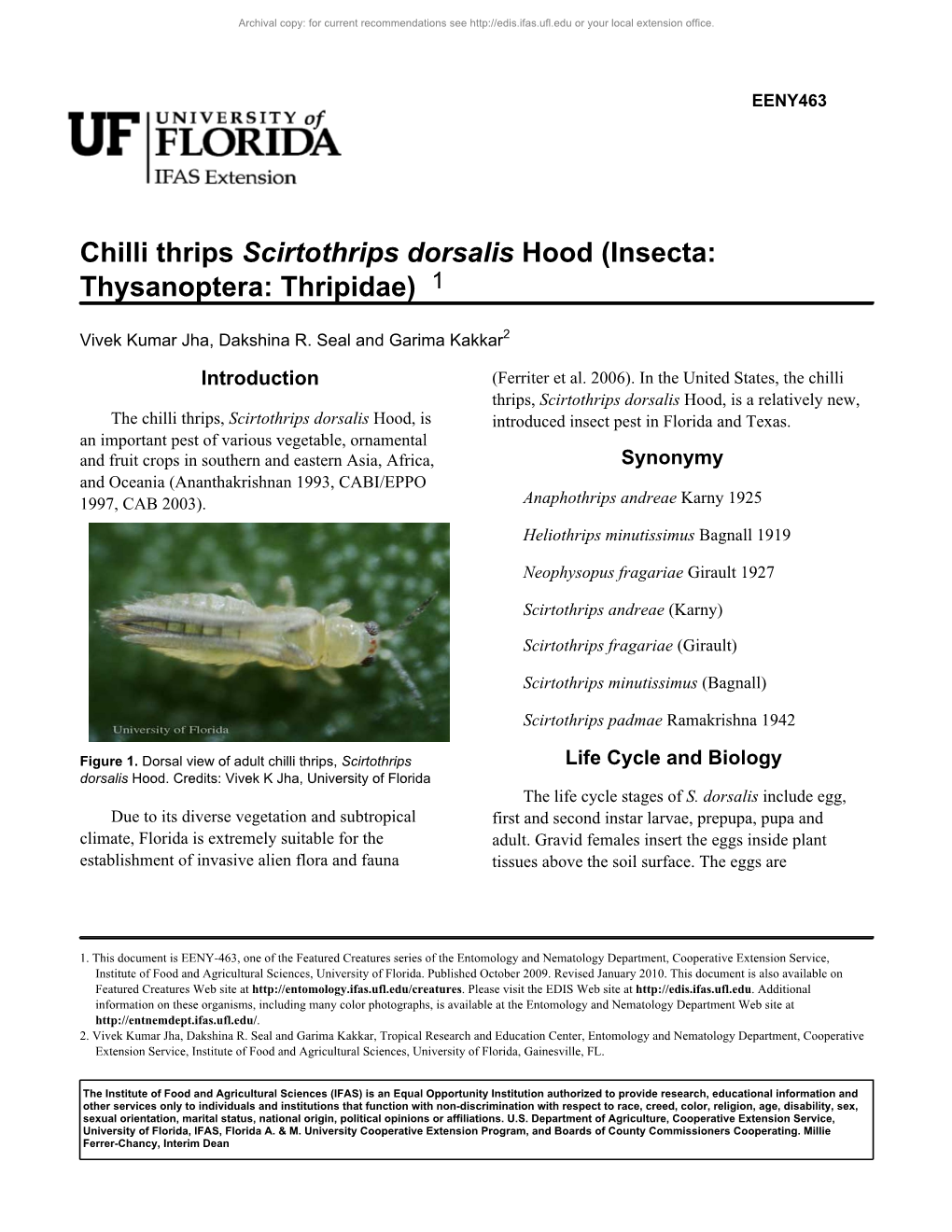 Chilli Thrips Scirtothrips Dorsalis Hood (Insecta: Thysanoptera: Thripidae) 1