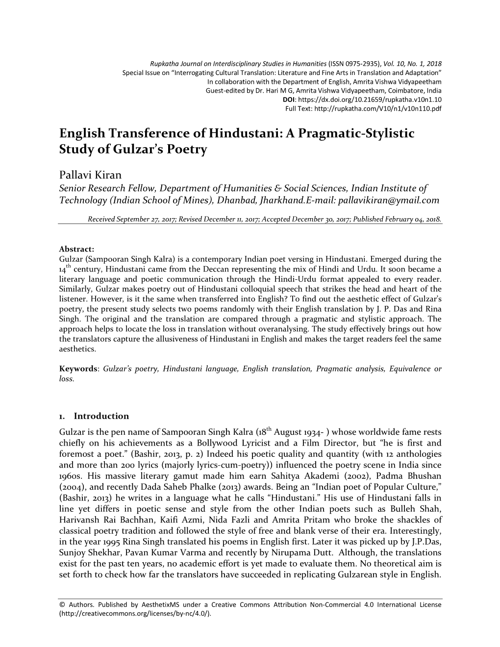 English Transference of Hindustani: a Pragmatic-Stylistic Study of Gulzar's Poetry