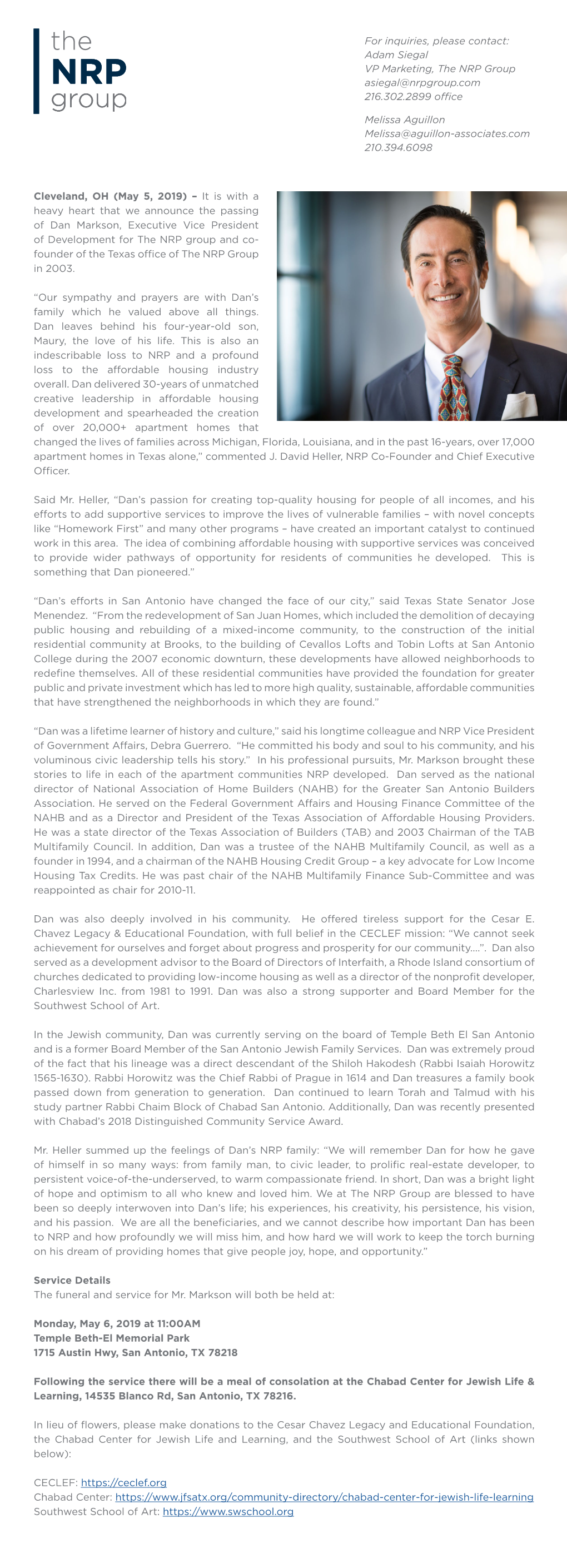 Cleveland, OH (May 5, 2019) – It Is with a Heavy Heart That We Announce the Passing of Dan Markson, Executive Vice President O