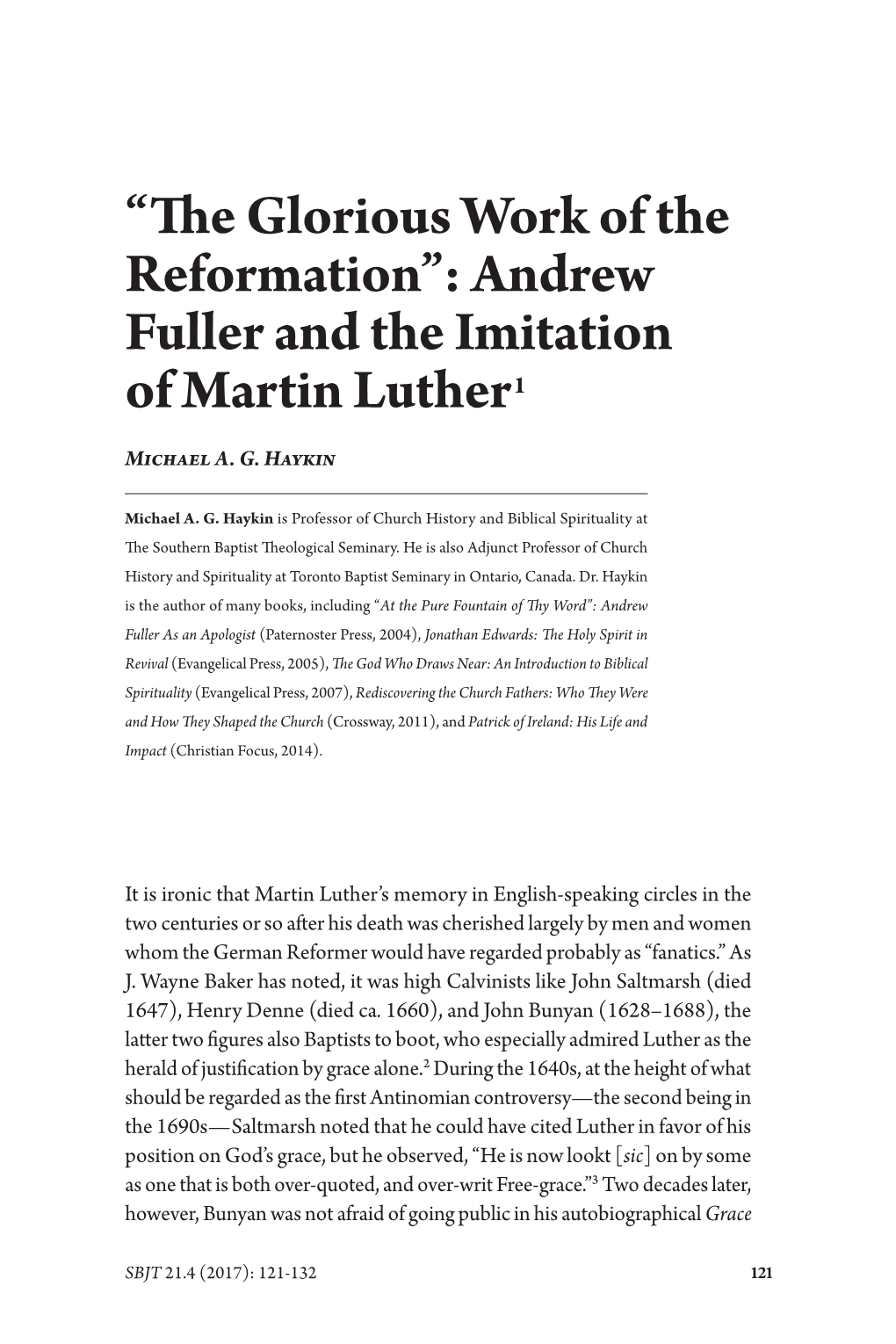 Andrew Fuller and the Imitation of Martin Luther1 Michael A
