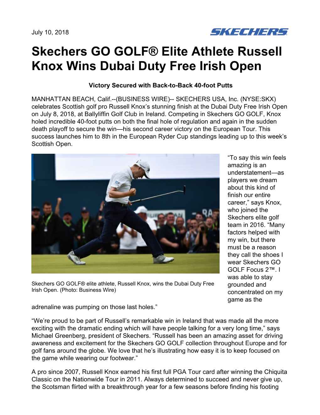 Skechers GO GOLF® Elite Athlete Russell Knox Wins Dubai Duty Free Irish Open