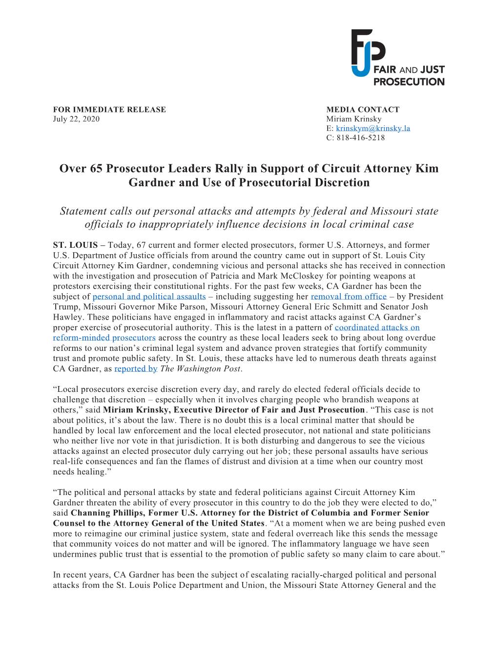 Over 65 Prosecutor Leaders Rally in Support of Circuit Attorney Kim Gardner and Use of Prosecutorial Discretion