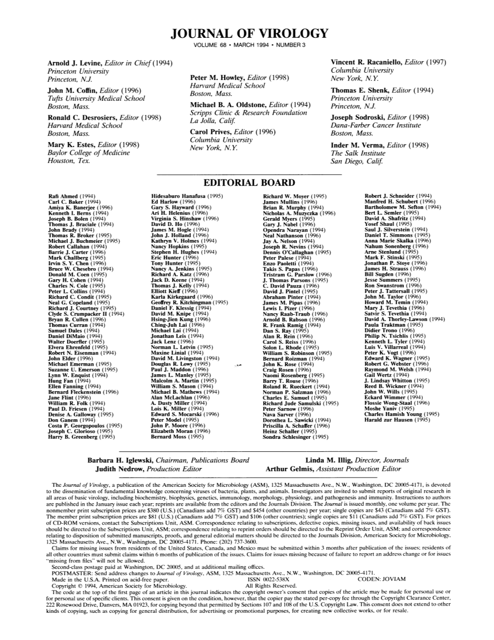 Journal of Virology Volume 68 * March 1994 * Number 3