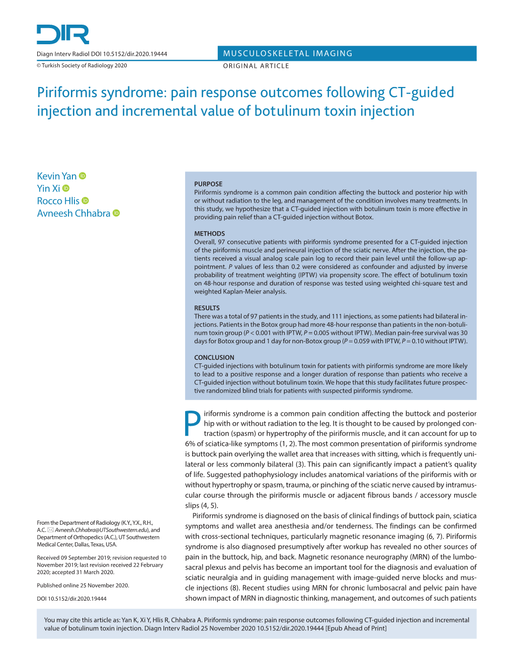 Piriformis Syndrome: Pain Response Outcomes Following CT-Guided Injection and Incremental Value of Botulinum Toxin Injection