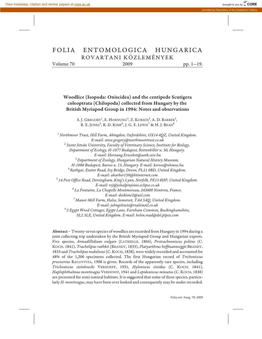 FOLIA ENTOMOLOGICA HUNGARICA ROVARTANI KÖZLEMÉNYEK Volume 70 2009 Pp