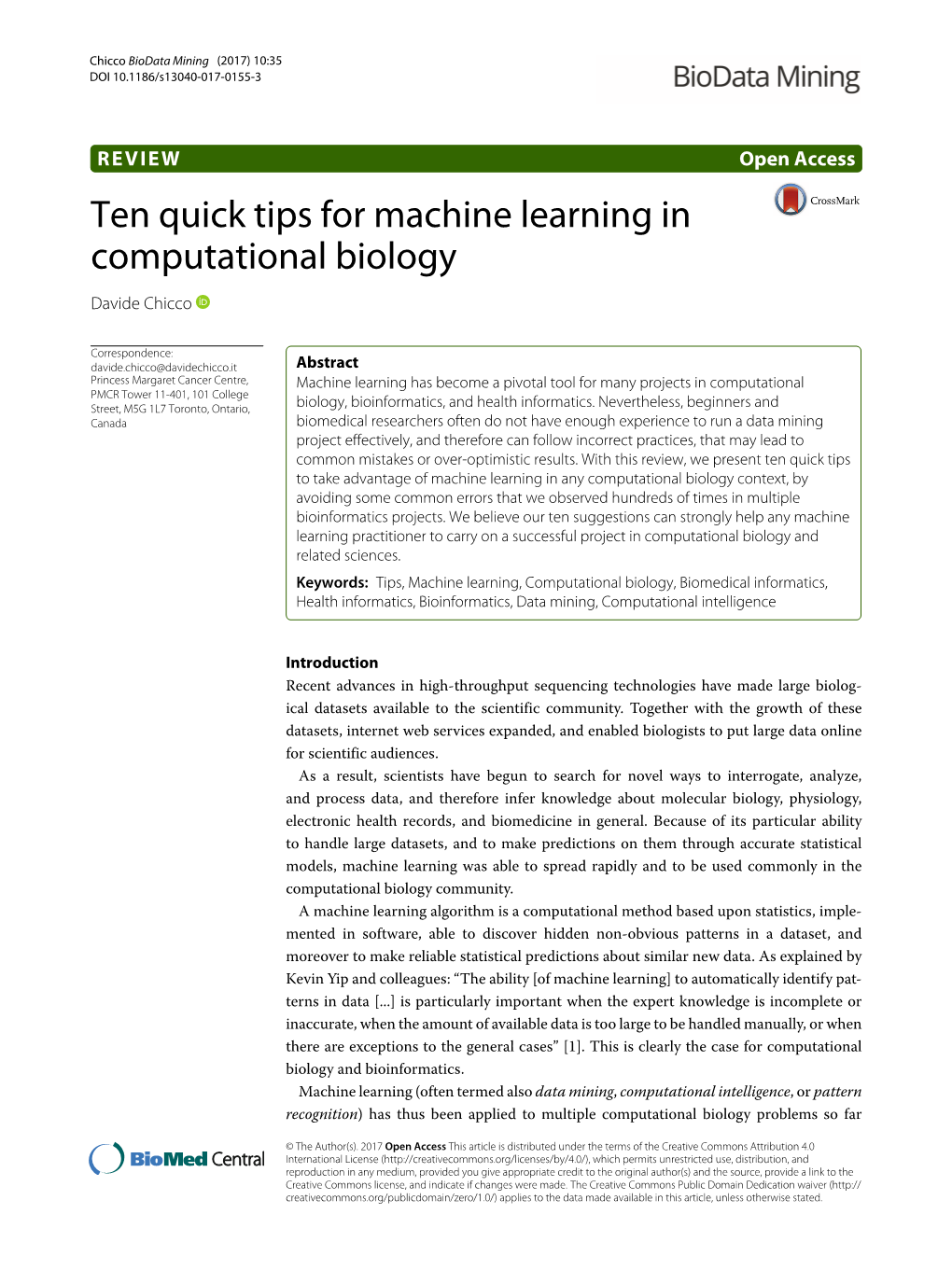Ten Quick Tips for Machine Learning in Computational Biology