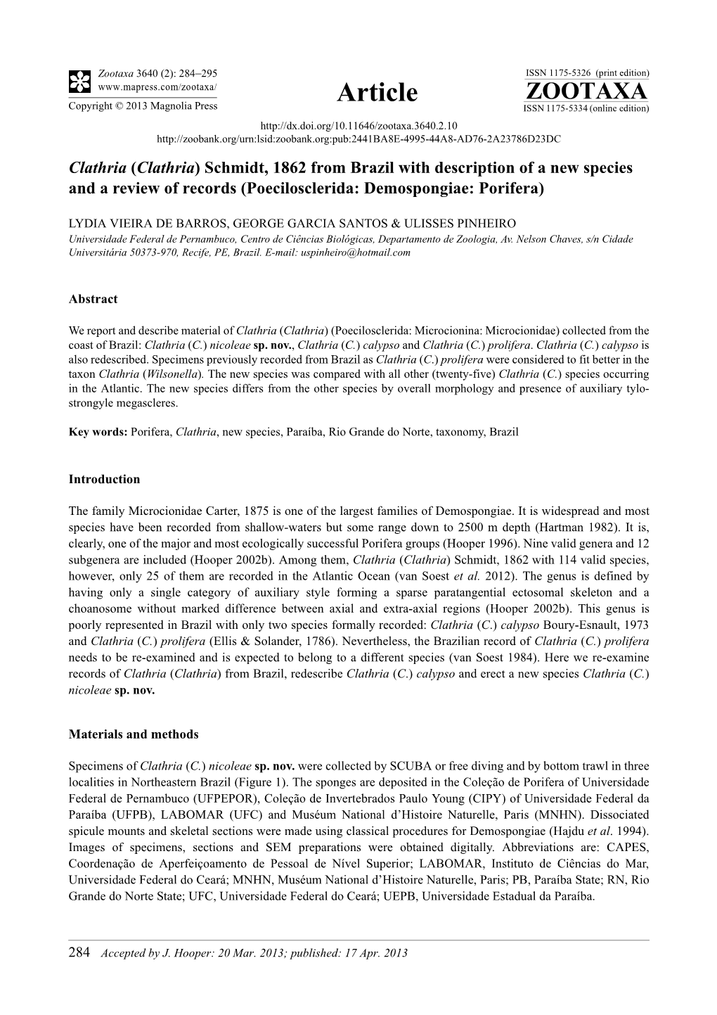 Clathria (Clathria) Schmidt, 1862 from Brazil with Description of a New Species and a Review of Records (Poecilosclerida: Demospongiae: Porifera)