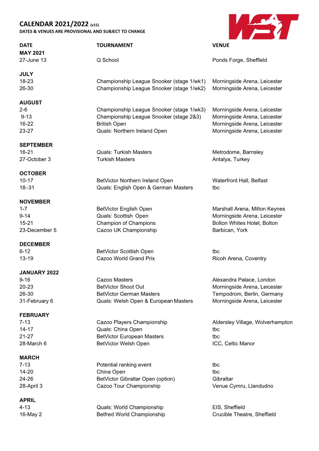 CALENDAR 2021/2022 (V15) DATES & VENUES ARE PROVISIONAL and SUBJECT to CHANGE