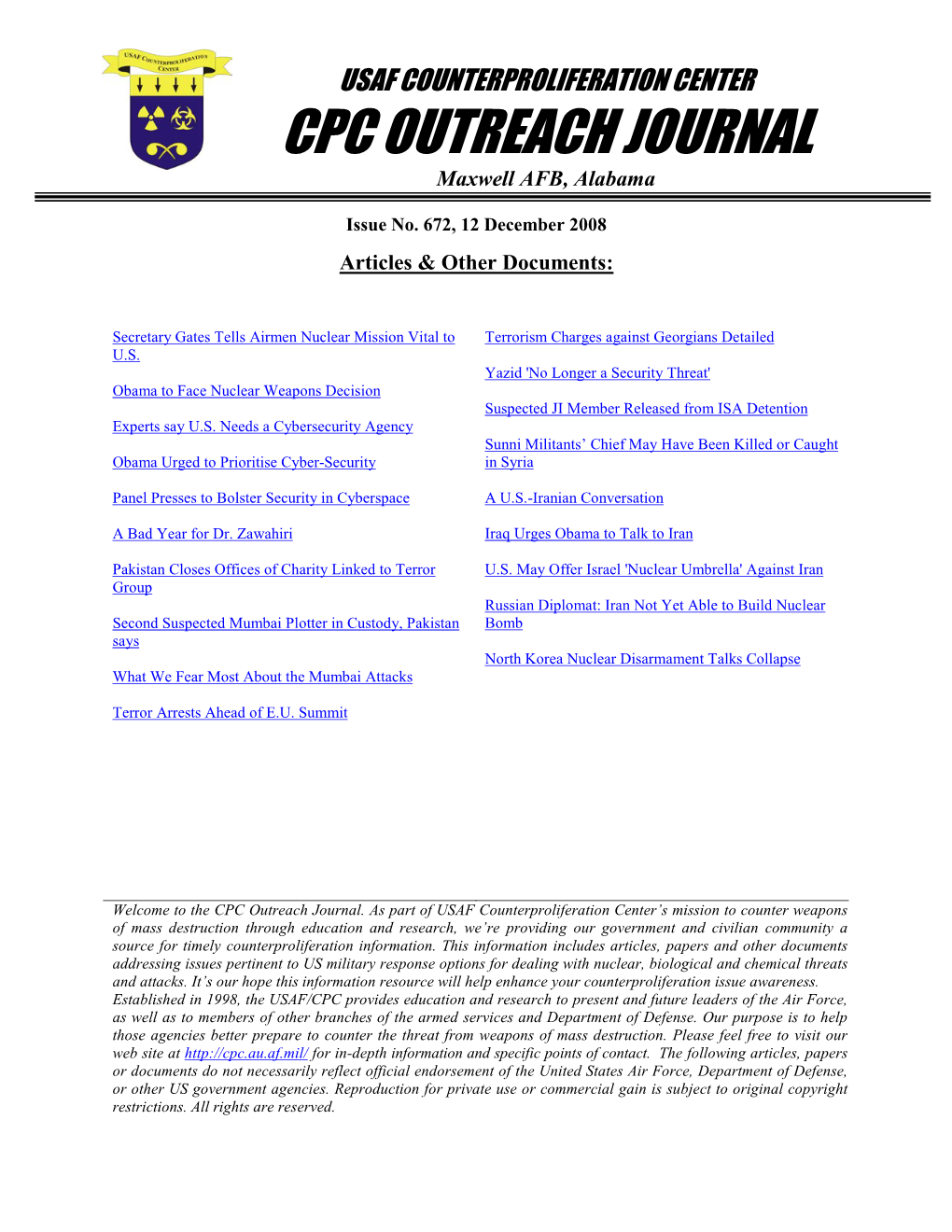 USAF Counterproliferation Center CPC Outreach Journal #672