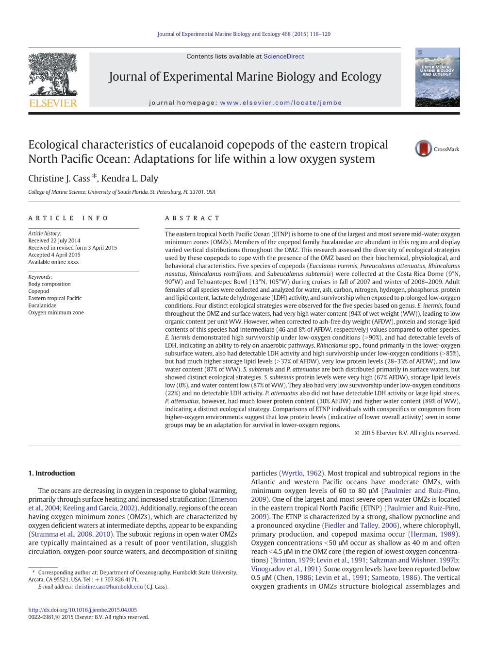 Ecological Characteristics of Eucalanoid Copepods of the Eastern Tropical North Paciﬁc Ocean: Adaptations for Life Within a Low Oxygen System