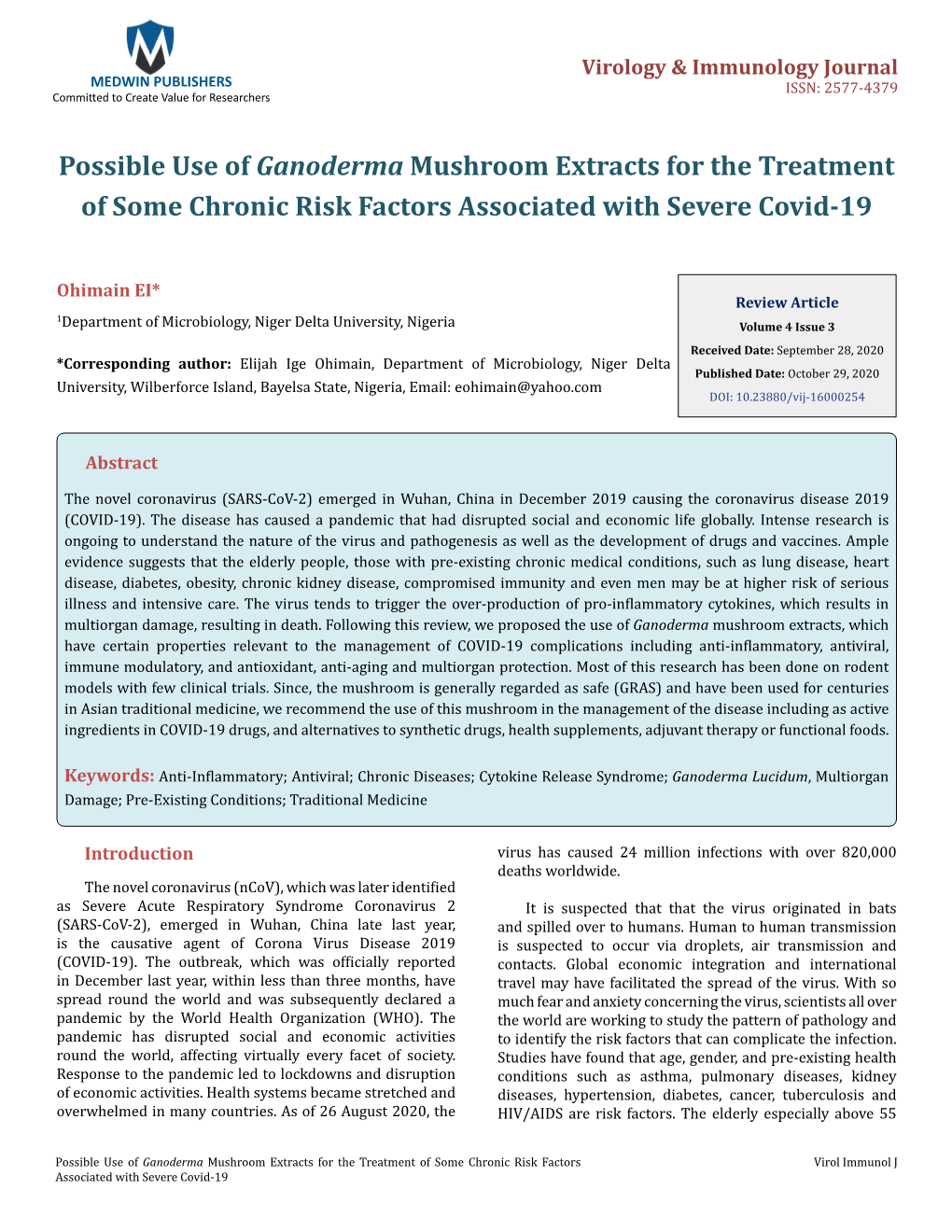 Possible Use of Ganoderma Mushroom Extracts for the Treatment of Some Chronic Risk Factors Associated with Severe Covid-19