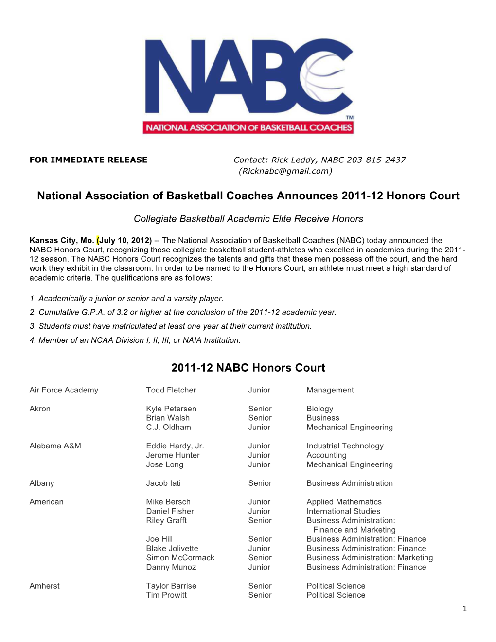 National Association of Basketball Coaches Announces 2011-12 Honors Court