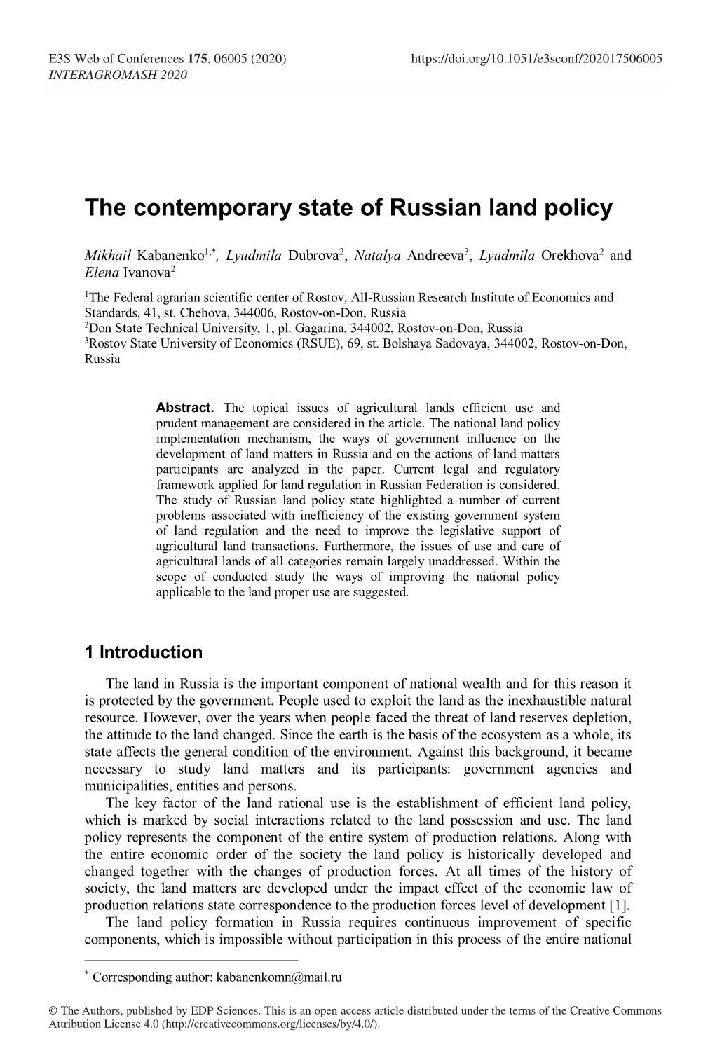 The Contemporary State of Russian Land Policy