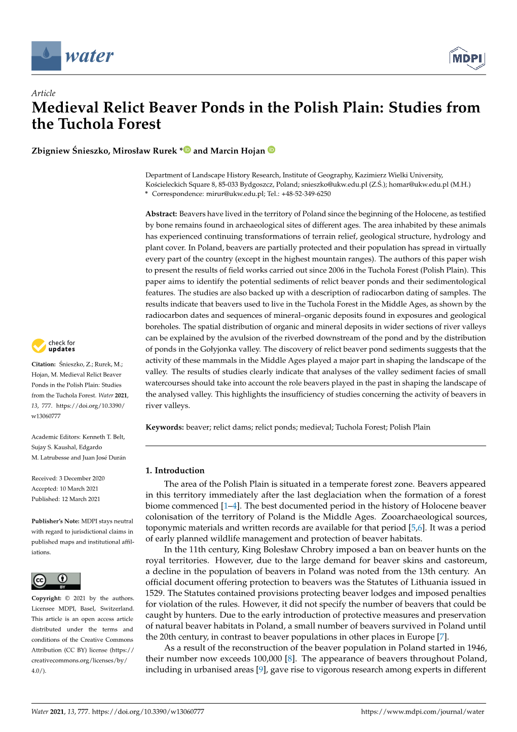 Medieval Relict Beaver Ponds in the Polish Plain: Studies from the Tuchola Forest