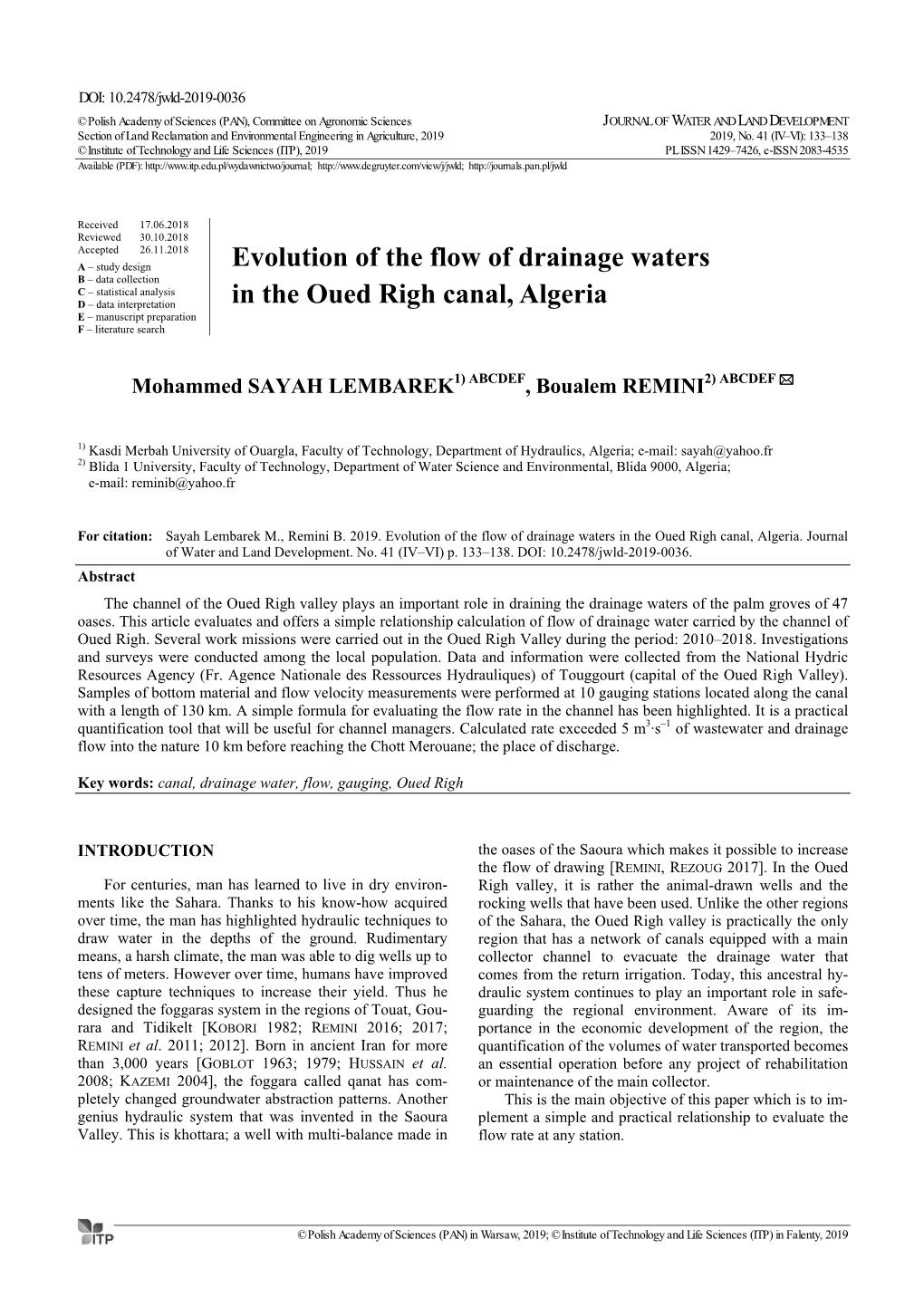 Evolution of the Flow of Drainage Waters in the Oued Righ Canal, Algeria