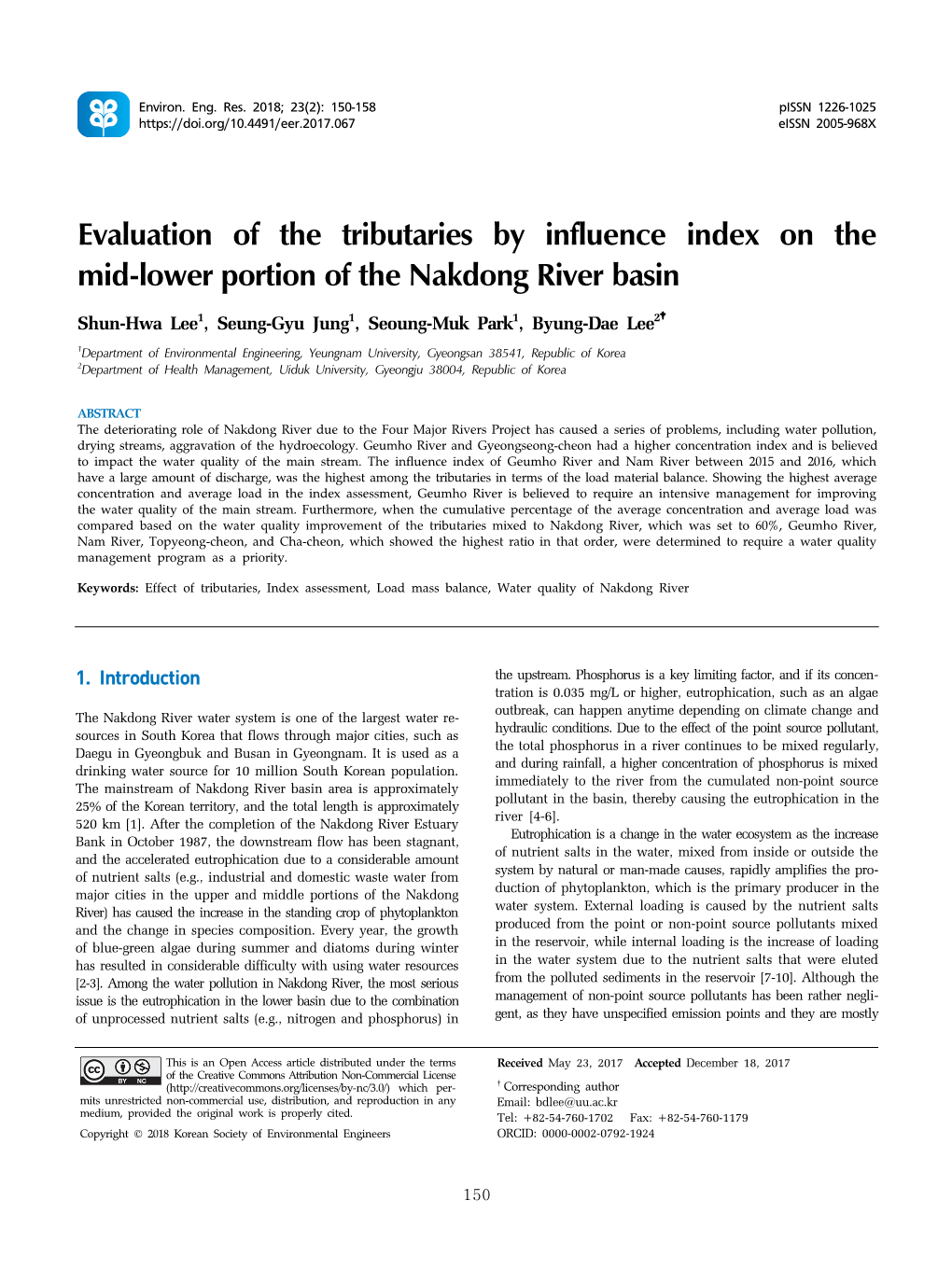 Evaluation of the Tributaries by Influence Index on the Mid-Lower Portion of the Nakdong River Basin