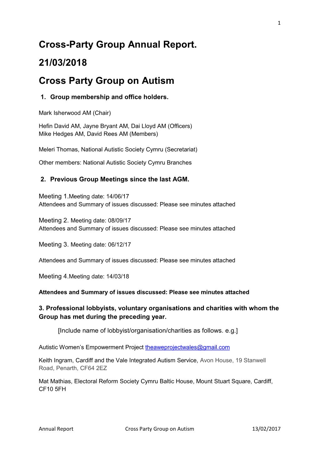 Cross-Party Group Annual Report. 21/03/2018 Cross Party Group on Autism