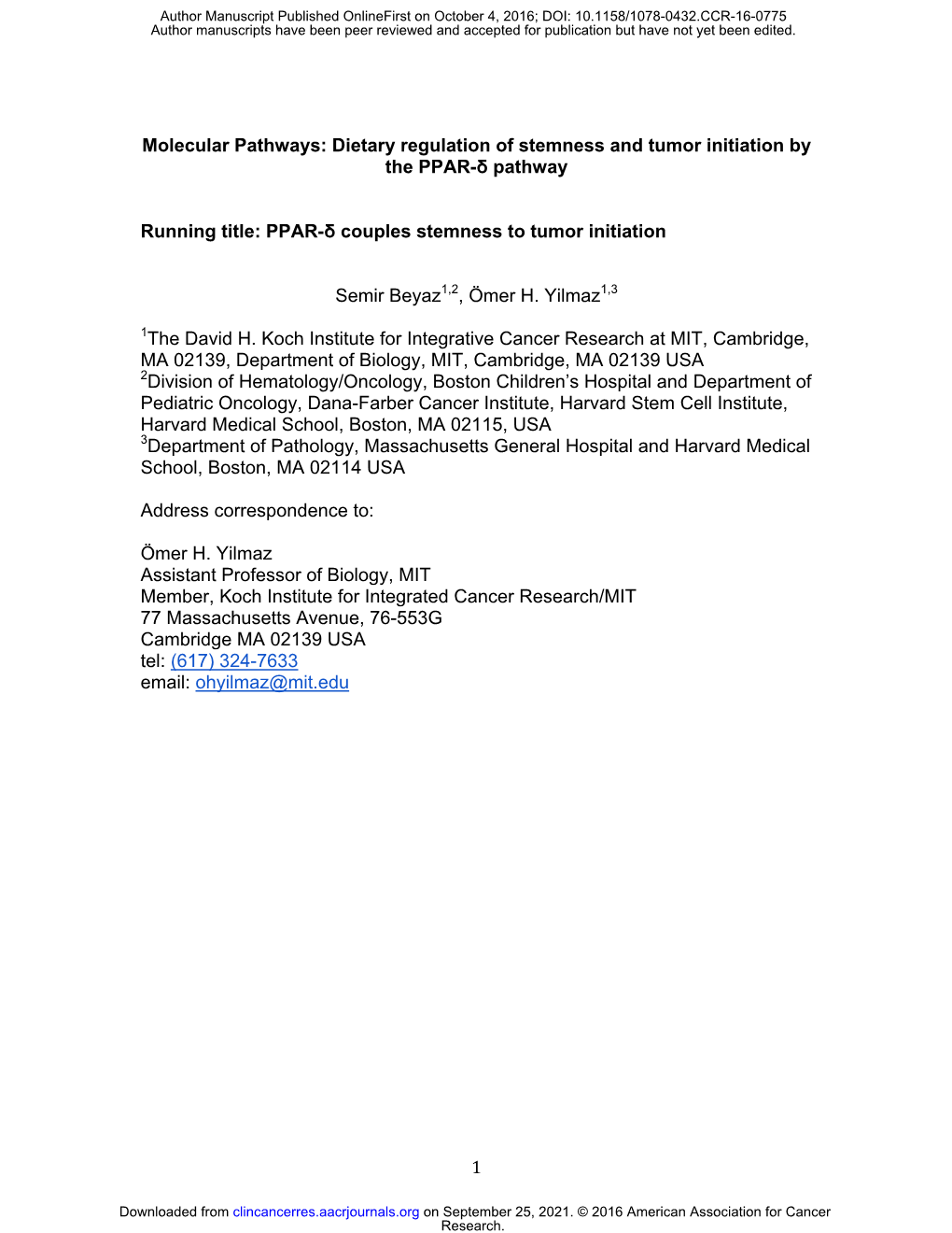 Dietary Regulation of Stemness and Tumor Initiation by the PPAR-Δ Pathway