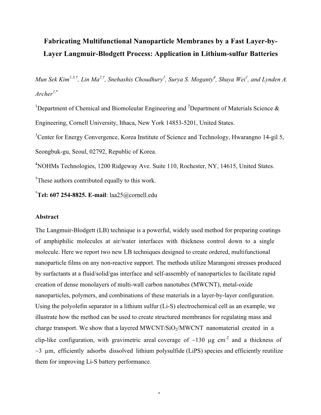 Layer Langmuir-Blodgett Process: Application in Lithium-Sulfur Batteries